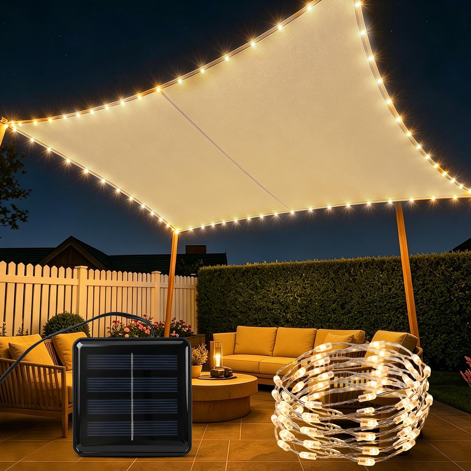 Wasserdichtes Sonnensegel mit SolarLEDLichterkette, 1500 mm Wassersäule, für Terrasse Garten Balkon Rasen
