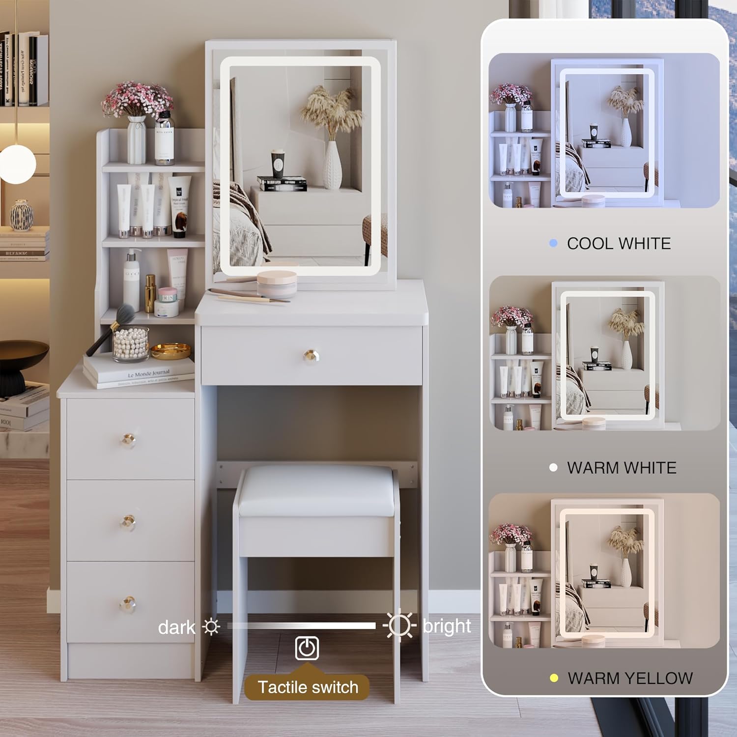 Ball & Cast 29.2" Small Size Vanity Mirror Desk with Lights and Cushioned Stool,Vanity Desk w/Large Sliding, Touch Control,Tri-Color Switching,High Capacity Storage,for Girls' Bedrooms,White