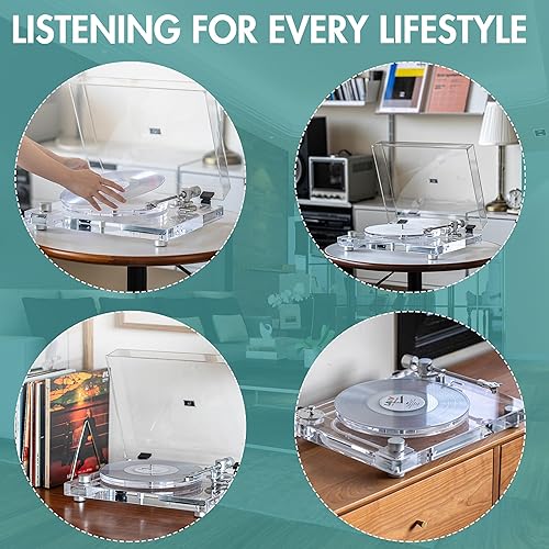 Miniatura 2 de Tocadiscos de vinilo, tocadiscos de acrílico transparente con Bluetooth 5.3 y transmisión por correa, con brazo de carbono, base pesada,