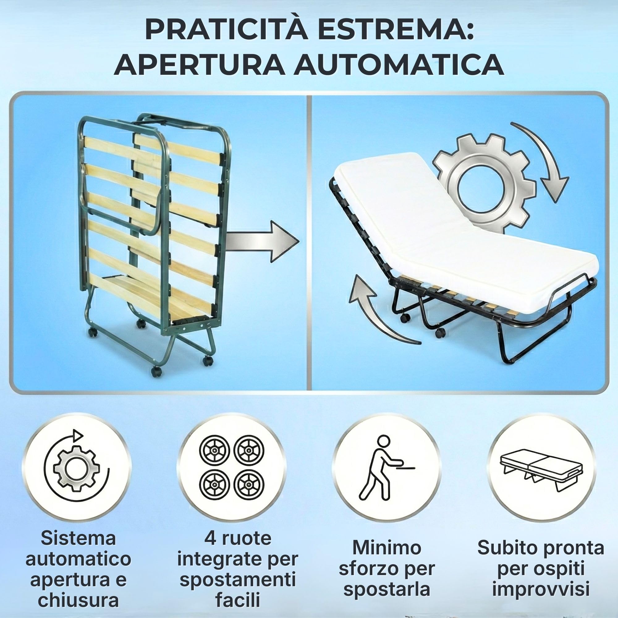 SEDIAOFFICE - Brandina Pieghevole con Materasso e Apertura Automatica Made in Italy, Letto Singolo a Scomparsa (80x200) Letto Pieghevole Singolo con Materasso Alto 10cm (Bianca, 15 Doghe)