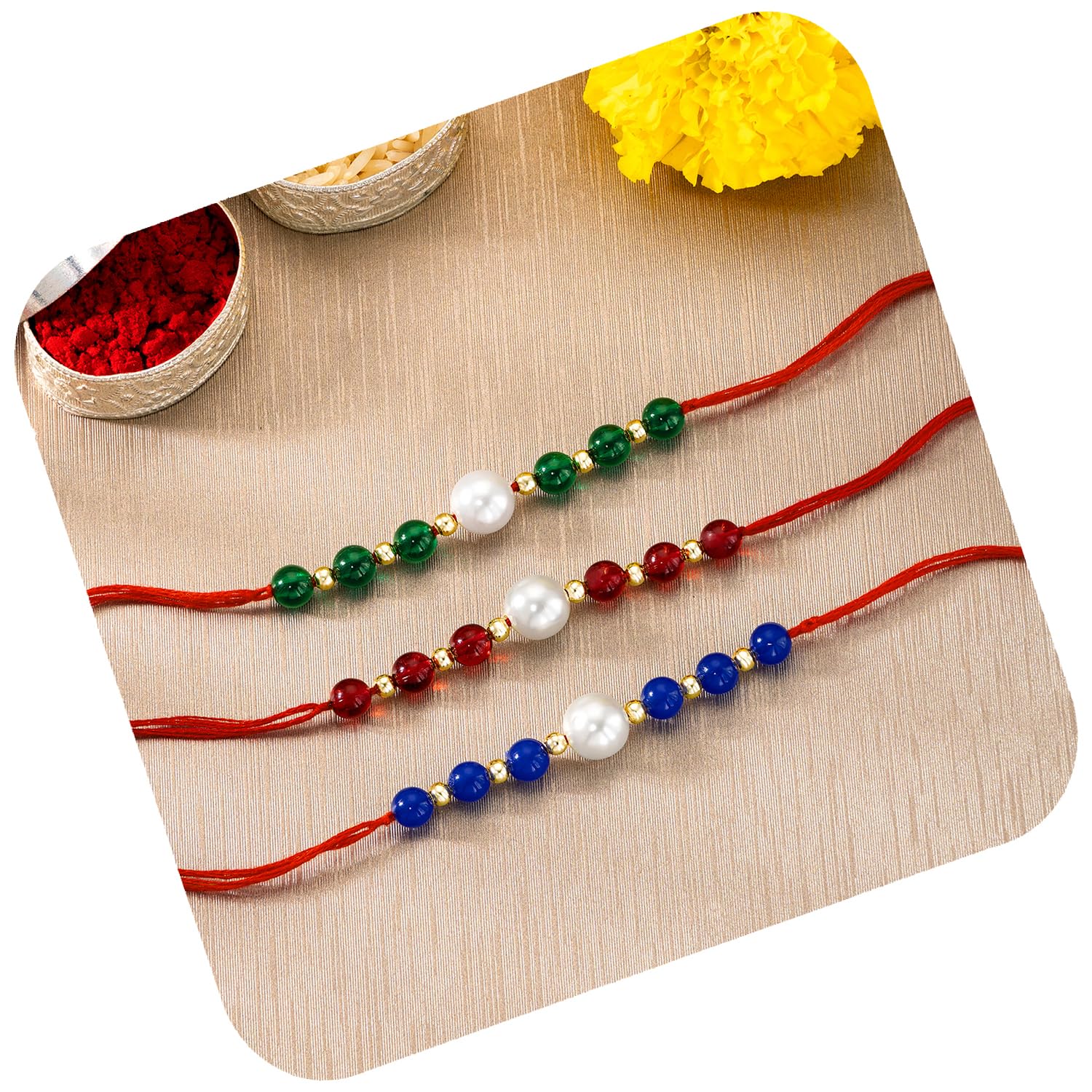 CZ Pearl & Crystals Studded Thread Rakhi for Brother Bhaiya | Combo Set of 3 | Raksha Bandhan Hamper with Roli Chawal & Greeting Card-image-22