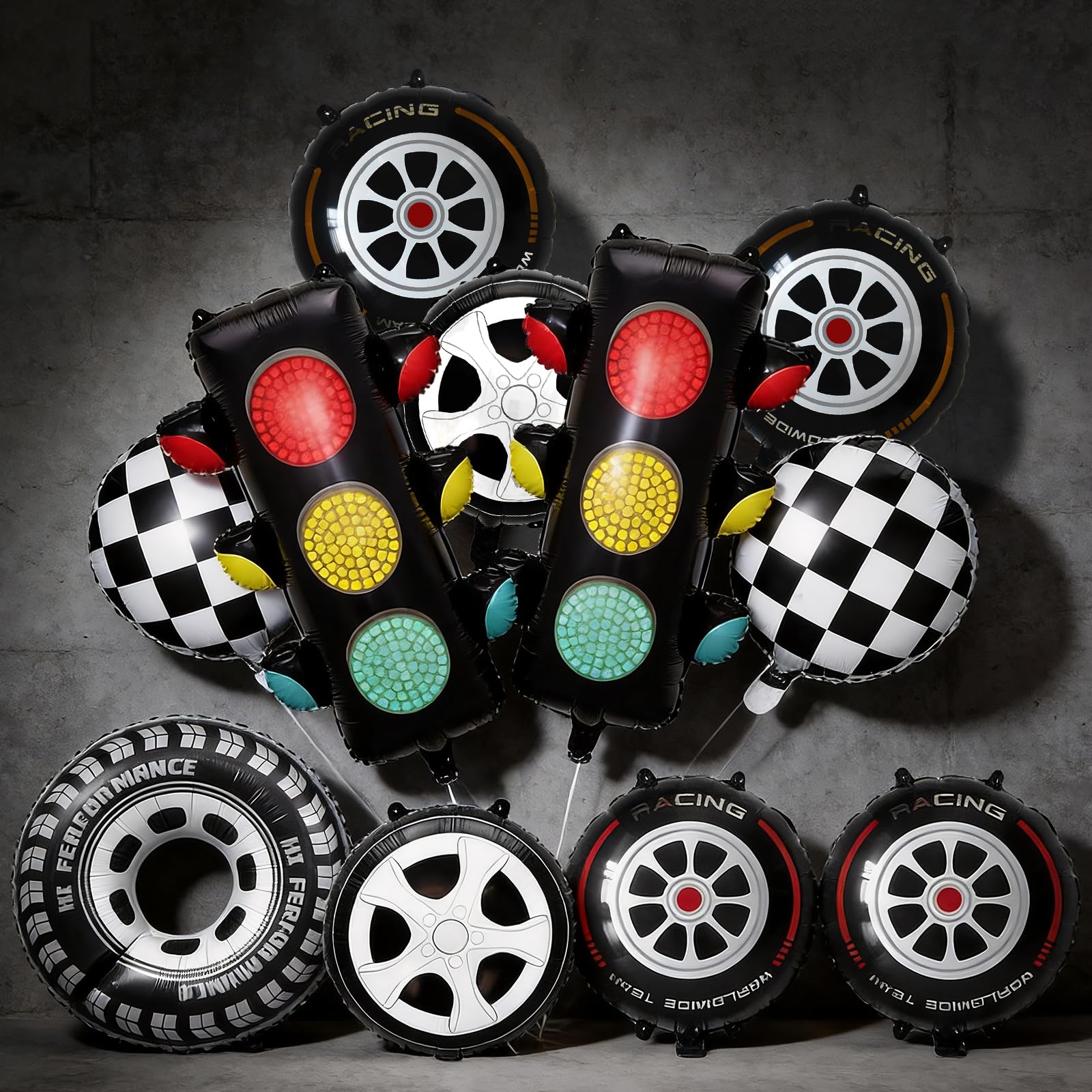 Racing Theme Balloons 11 Piece Set - Traffic Light & Tire Foil Balloons for Party Decorations, Adult Birthday, Man Cave, Car Enthusiast Party Supplies