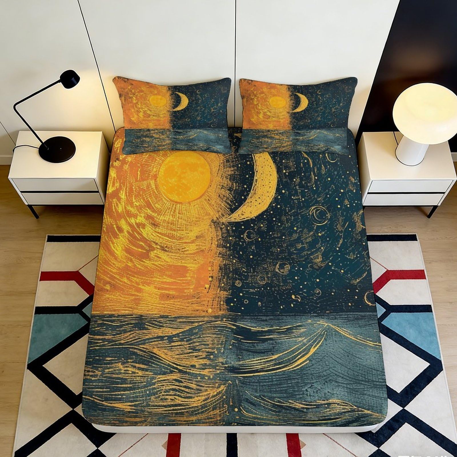 3D Printed Sun Moon Pattern Fitted Sheet Microfiber Deep Pocket Bedroom Bedding Wrap Sun Moon Mattress Fitted Cover Non-Slip Washable for All Ages 200x200x25cm 90x200x25cm