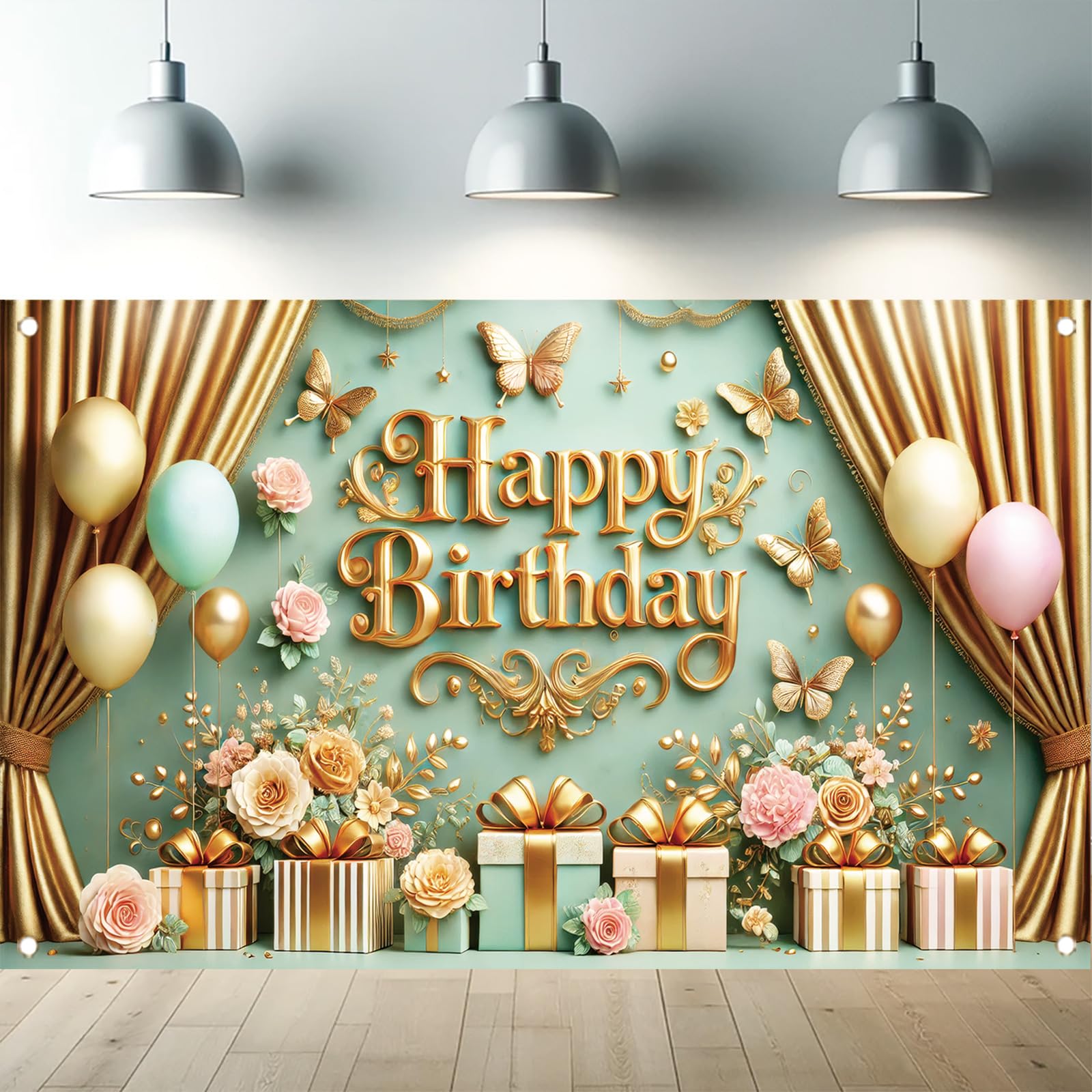 Starlit Patio Gold Green Happy Birthday Backdrop Butterfly Gift Box Floral Banner Birthday Photography Background for Girl Supplies Party Decoration