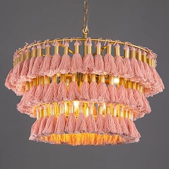 TOCHIC 8-Light Pink Fringe Chandelier, Boho Handmade Tassel Chandeliers Ceiling Light Round Coastal Hanging Pendant Light Fixture for Dining Living Room Bedroom Nursery Kids Room Foyer Entryway