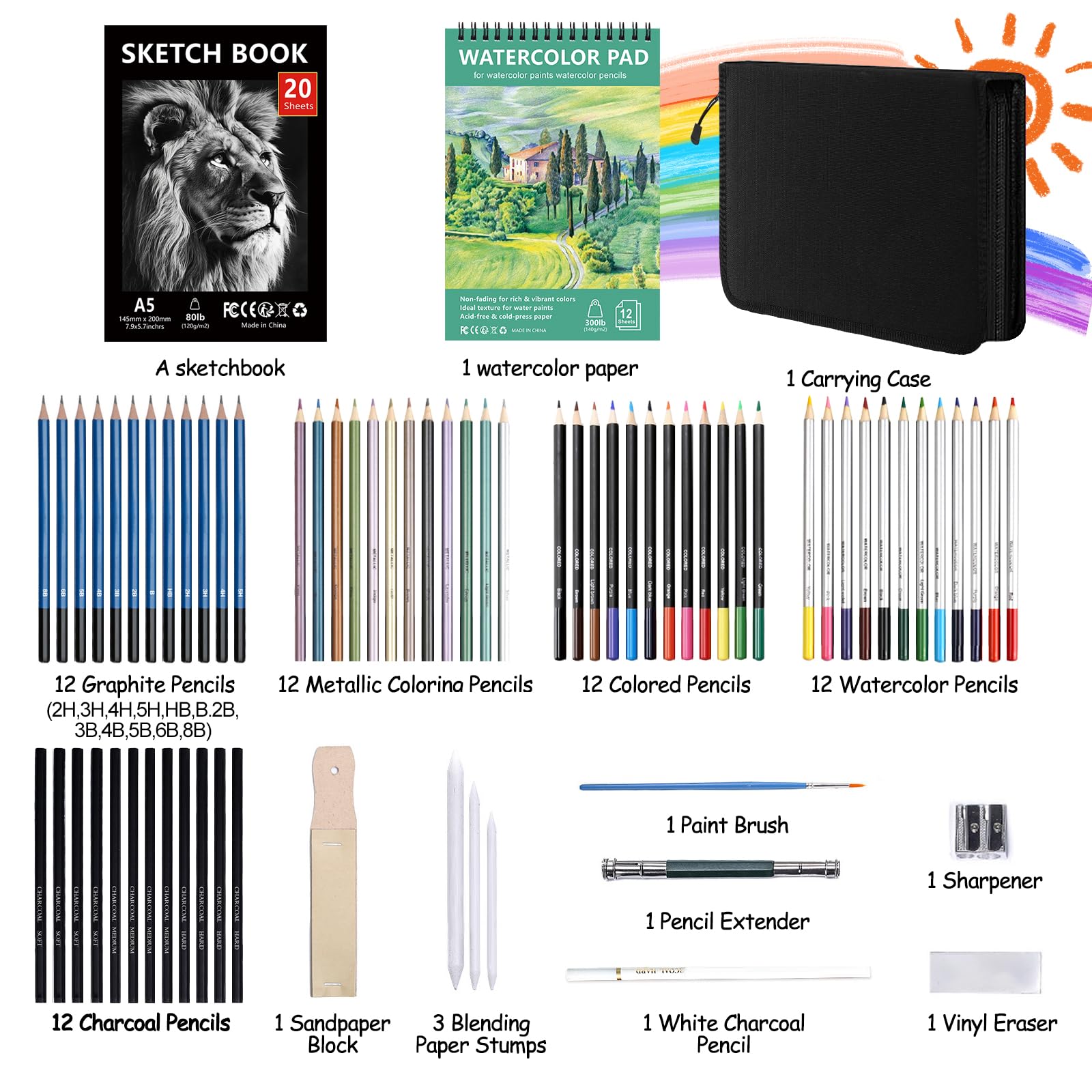 Juego de Suministros de Arte de 76 Piezas, Lápices de Dibujo,Kit Dibujo,Lápices de Colores Profesionales,Bosquejo Material Set,Juego de Lápices de Colorear de Artista,Juego de Dibujo