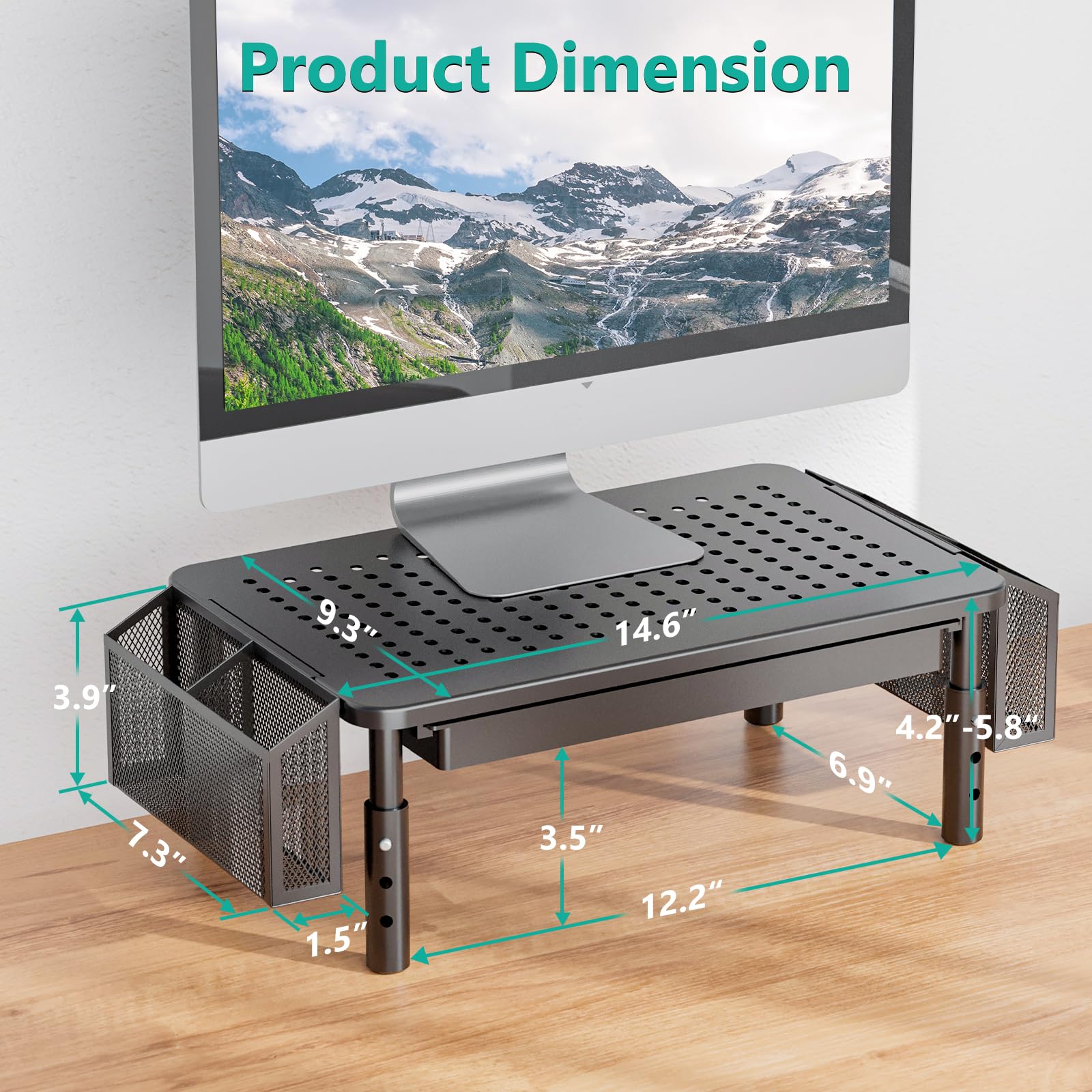 WALI Supporto per monitor del computer con contenitore, supporto per monitor con cassetto e portapenne, alzata per laptop regolabile in altezza a 3 livelli, organizer da scrivania per computer, laptop