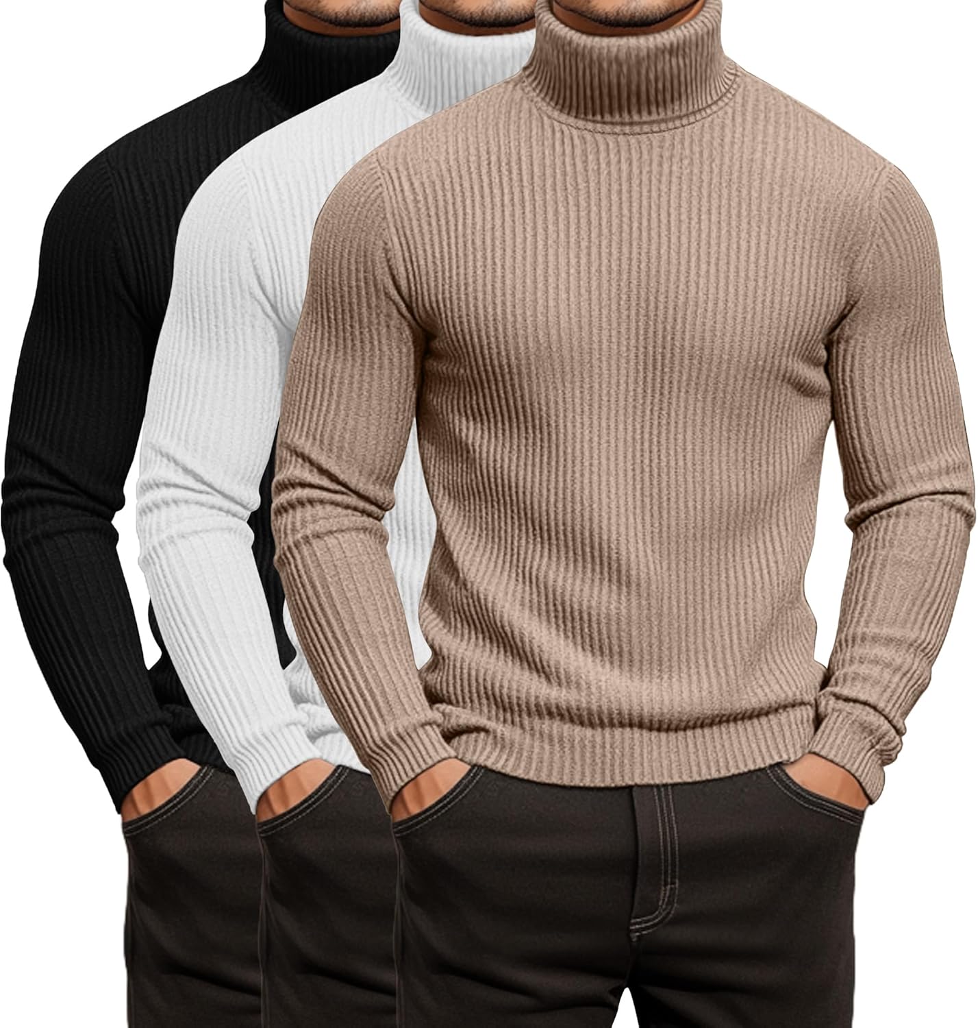 3 Pack Men's Ribbed Turtleneck Shirts, Long Sleeve Mock Neck Lightweight Pullover Sweaters Knit Base Layer Tee Tops