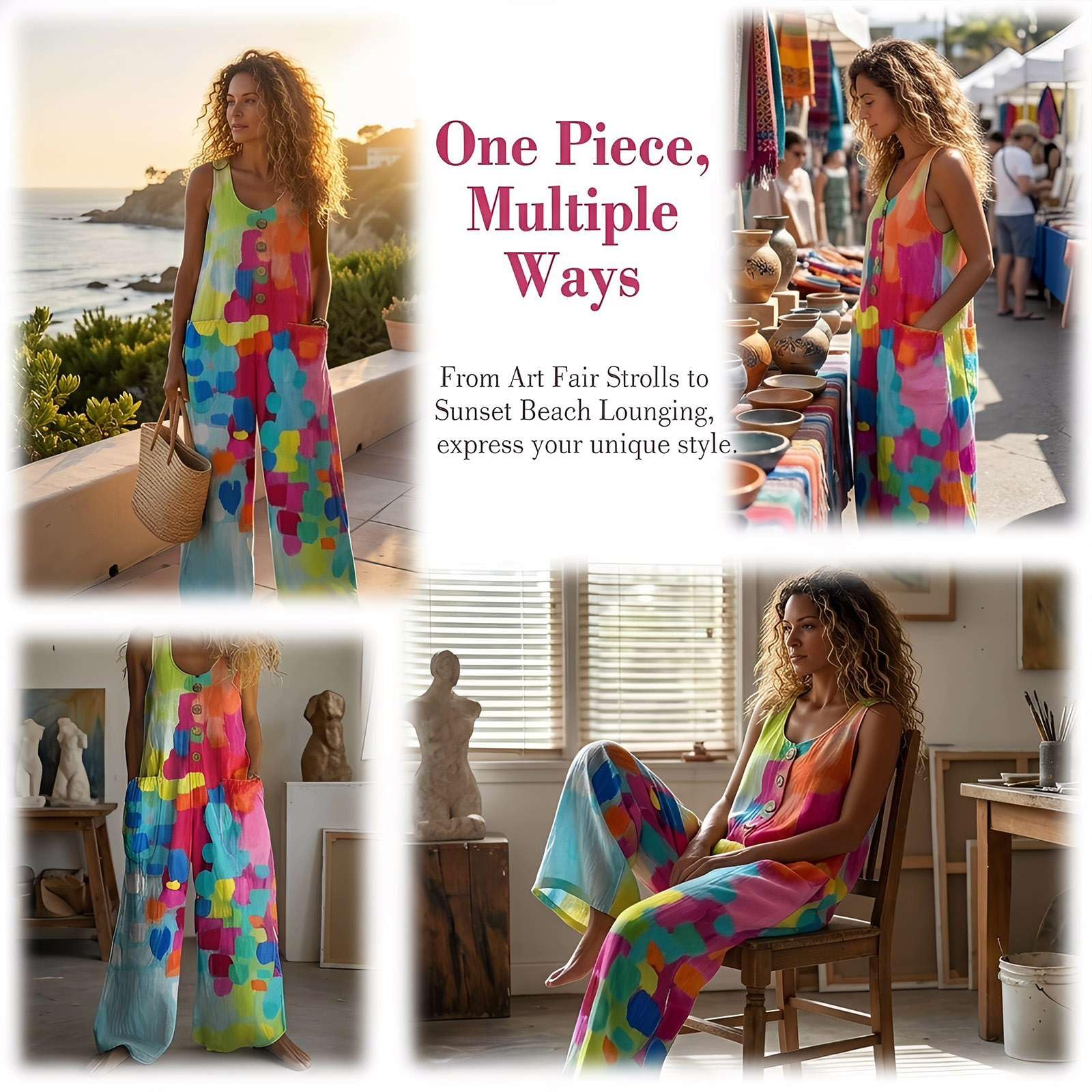 Generico Salopette Donna Estiva Lunga Boho Chic, Tuta Lino e Cotone Senza Maniche con Tasche e Bottoni, Jumpsuit Gamba Larga Stampa Astratta Multicolore, Tuta Intera Comoda per Mare e Vacanze