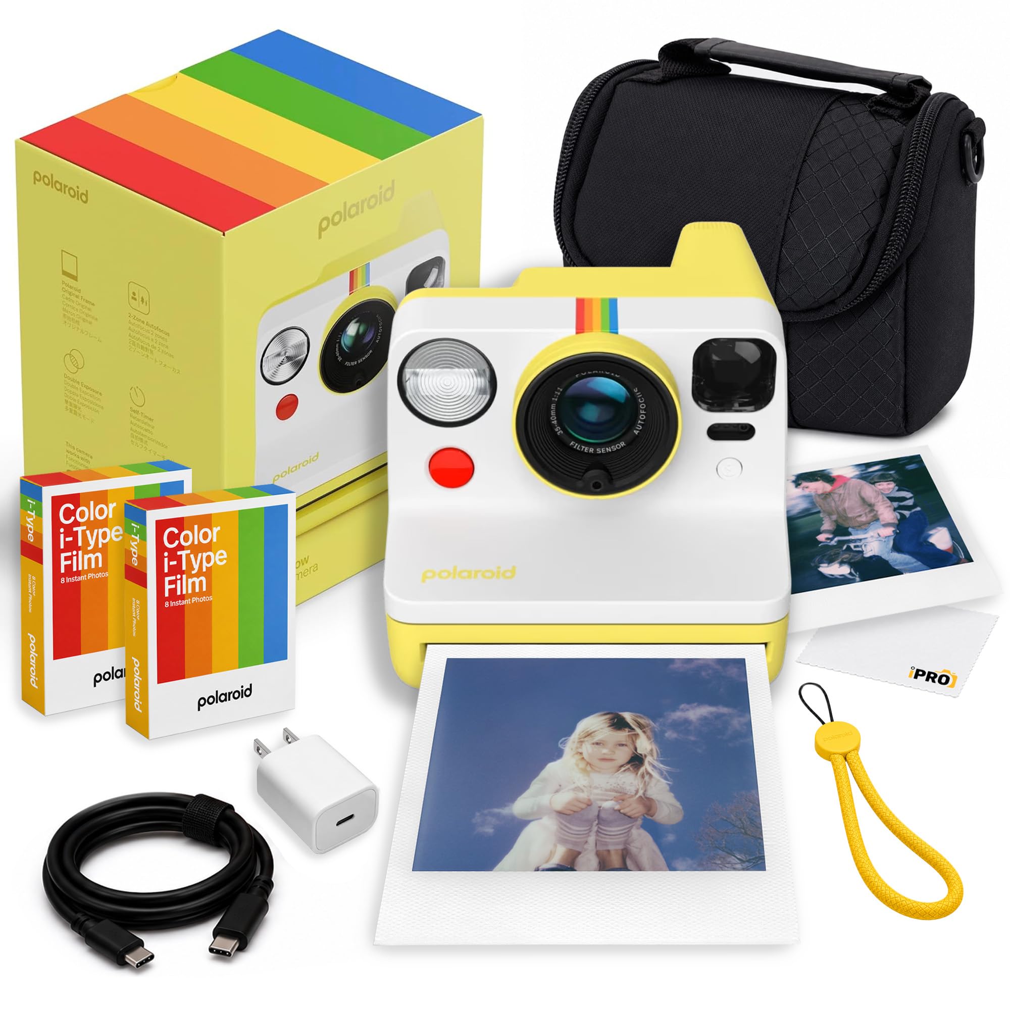 polaroid now generation 3 i-type instant camera in yellow + 16 film bundle | capture family memories & travel adventures with dual-lens af, built-in flash, i-type & 600 film compatible