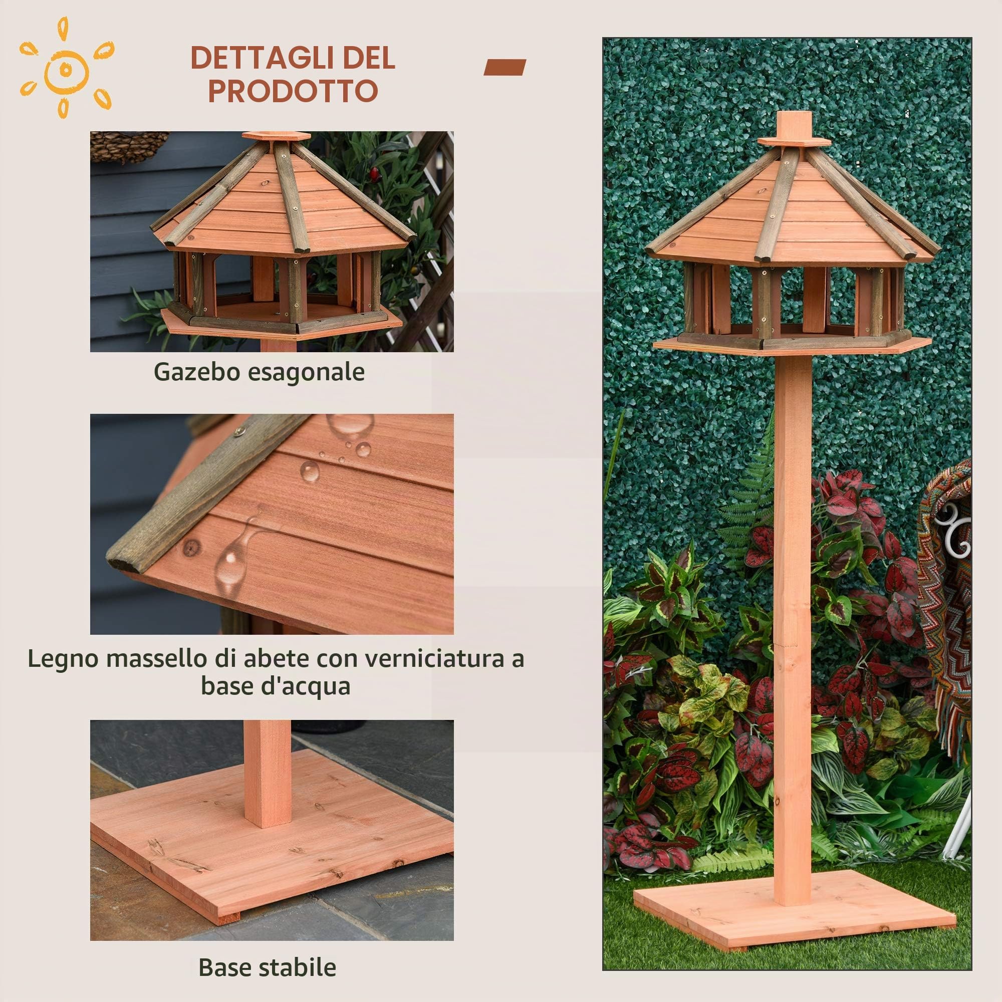 PawHut Casetta per uccelli in legno Mangiatoia per uccelli Tavolo per uccelli Casetta per uccelli con tetto impermeabile per uso esterno Natura Ø52 x 130H cm