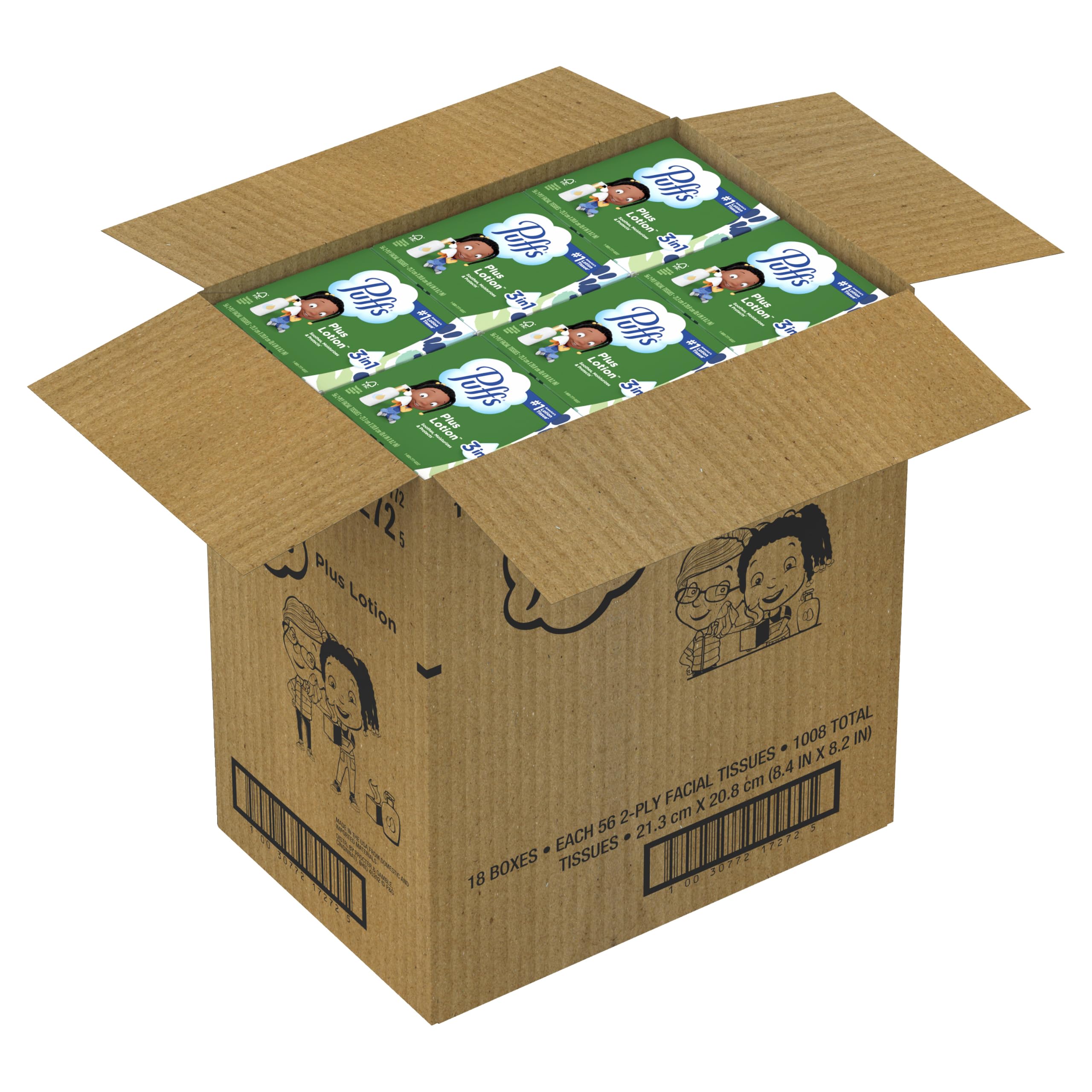 Puffs Plus Lotion Pañuelo facial, 18 cubos, 56 pañuelos por caja