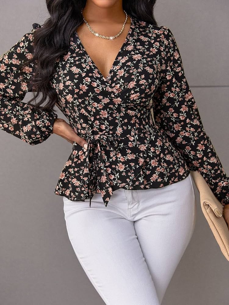 Amazon.com: Women's Long Sleeve Blouse Floral Print V Neck