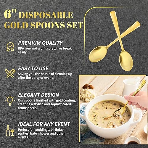 Miniatura 4 de Jutieuo Cucharas de plástico doradas de 6.9 pulgadas (100 unidades) Cucharas doradas elegantes, cubiertos desechables, utensilios de plástico