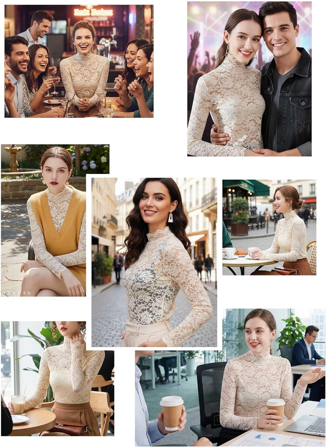 METWAY Lace Top for Women Long Sleeve Lace Shirt Sheer Turtleneck Ruffle Floral Mesh Undershirt Going Out Sexy Blouse - Image 6