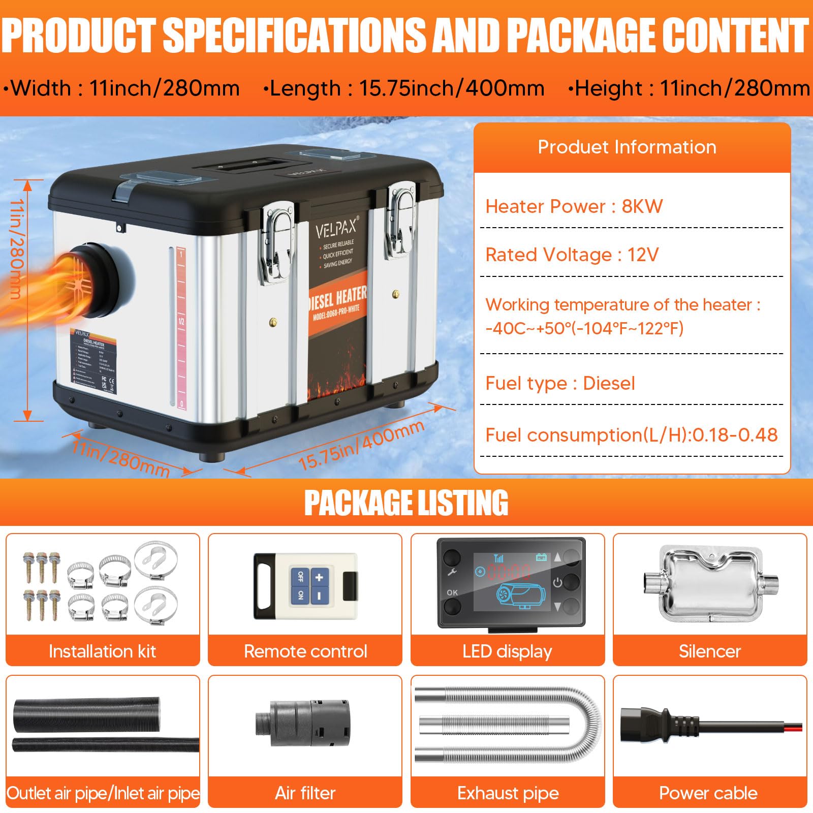 VELPAX Riscaldatore d'Aria Diesel all-in-One 8KW 12V riscaldatore d'Aria Diesel con silenziatore, LCD e Telecomando per Camper,Macchine,Camion,Barche,Autobus