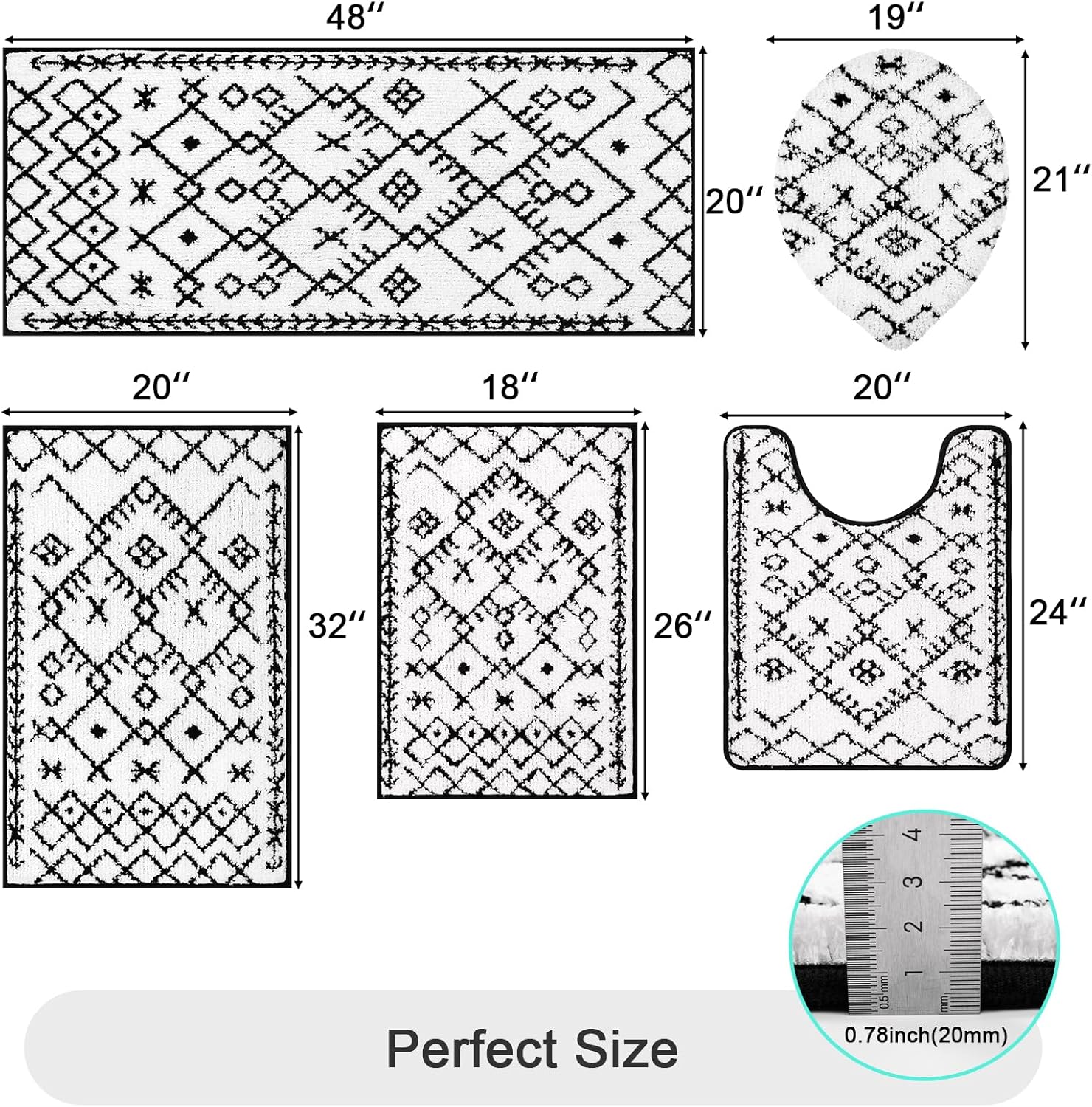 HEBE Bathroom Rug Sets 5 Piece, Soft Absorbent Bath Mats for Bathroom, Non Slip Machine Washable Bath Rugs Set with U Shaped Contour Toilet Rugs, Bath Runner and Toilet Lid Cover, White/Black - Image 2