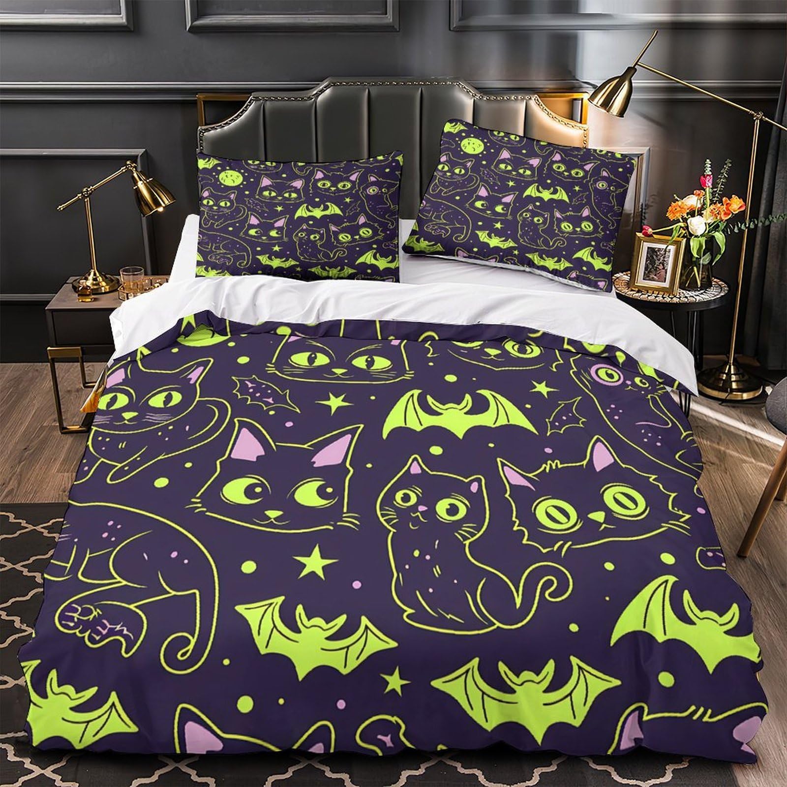 Halloween Katzen 3-teiliges Reines Polyester Cartoon schreckliches Design Bettbezug, Versteckter Reißverschluss, Krippenbettwäsche, Babysicher & Pflegeleicht King（220x240cm）