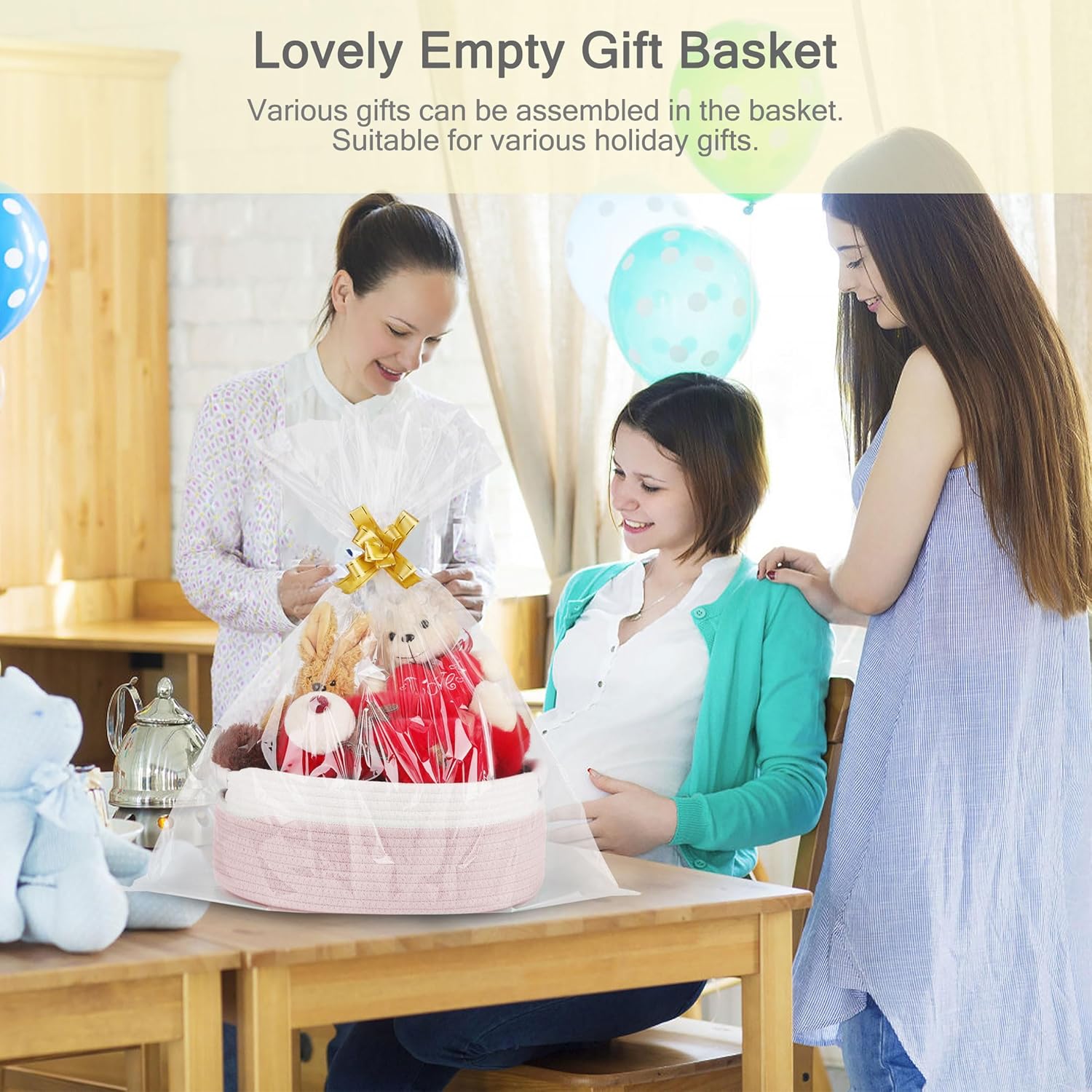 Small Woven Basket with Gift Bags and Ribbons, Empty Baby Gift Baskets, Shelf Storage, Small Cat Dog Pet Toy Boxes, 13”x 9”x 5.5”, Light Pink - Image 4