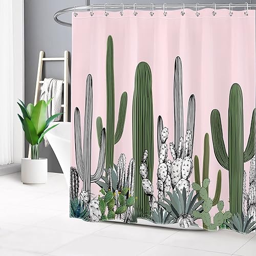 Cortina de ducha de cactus tropical con ganchos, cortina de ducha de cactus botánico verde suculenta sobre rosa para baño, juego de cortinas de