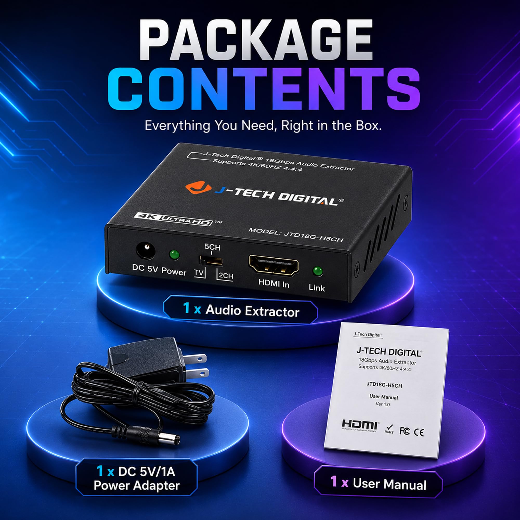 J-Tech Digital JTD18G-H5CH Extracteur audio HDMI 4K 60 Hz + sortie 3,5 mm compatible HDMI 2.0, bande passante 18 Gpb, HDCP 2.2, Dolby Digital/DTS Passthrough CEC, HDR10