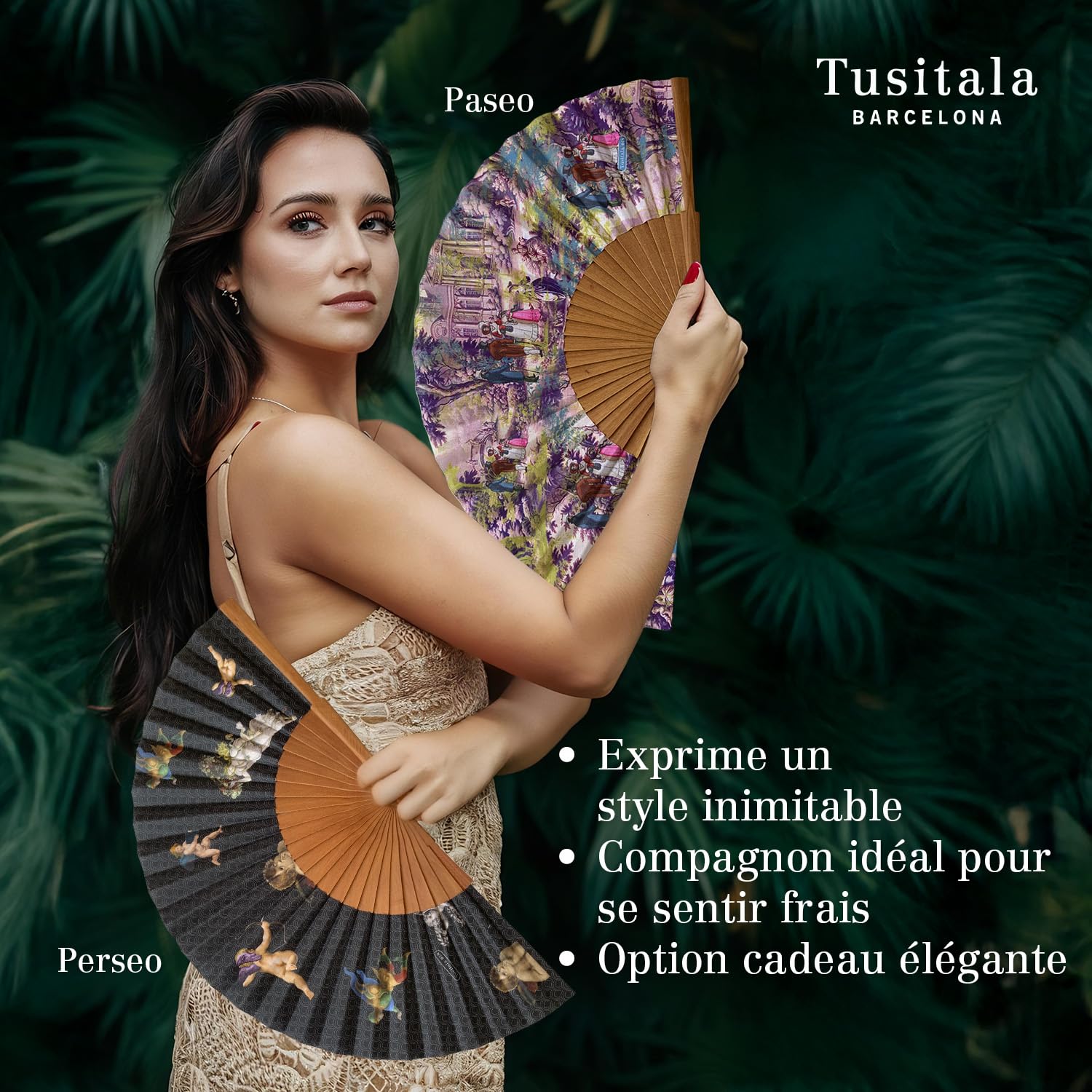 Éventail Espagnol - Bois et Coton - 23 cm - Housse et étui en jute - Accessoire de mode - Fait main en Espagne - Collection Alzar la Mirada
