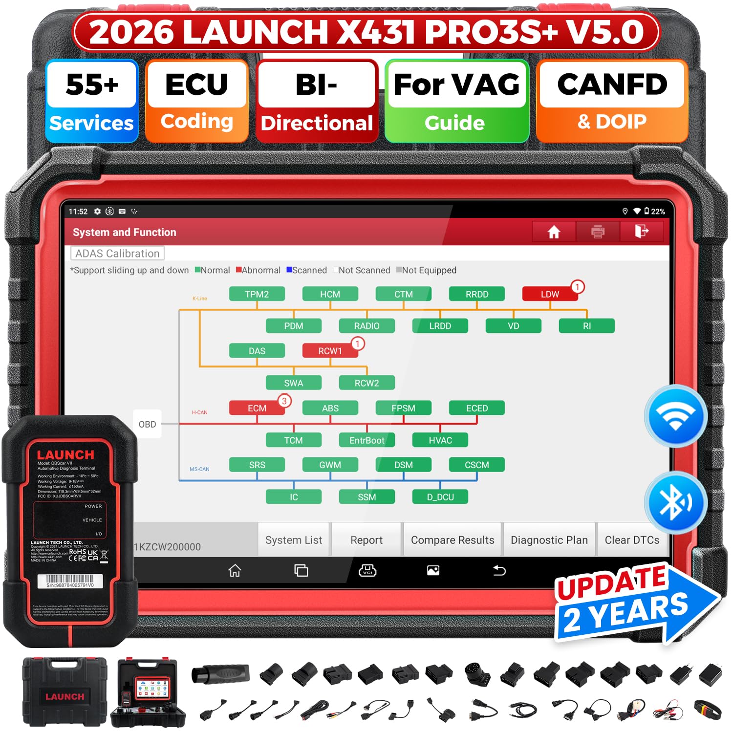 LAUNCH X431 PRO3S+ OBD2 Profesional Diagnosis Coche multimarca con Sistema Completo,55+ Función de Reinicio,Escáner en Español Auto Vin Codificación en línea FCA SGW, Función Guiada, Bluetooth OBD 2