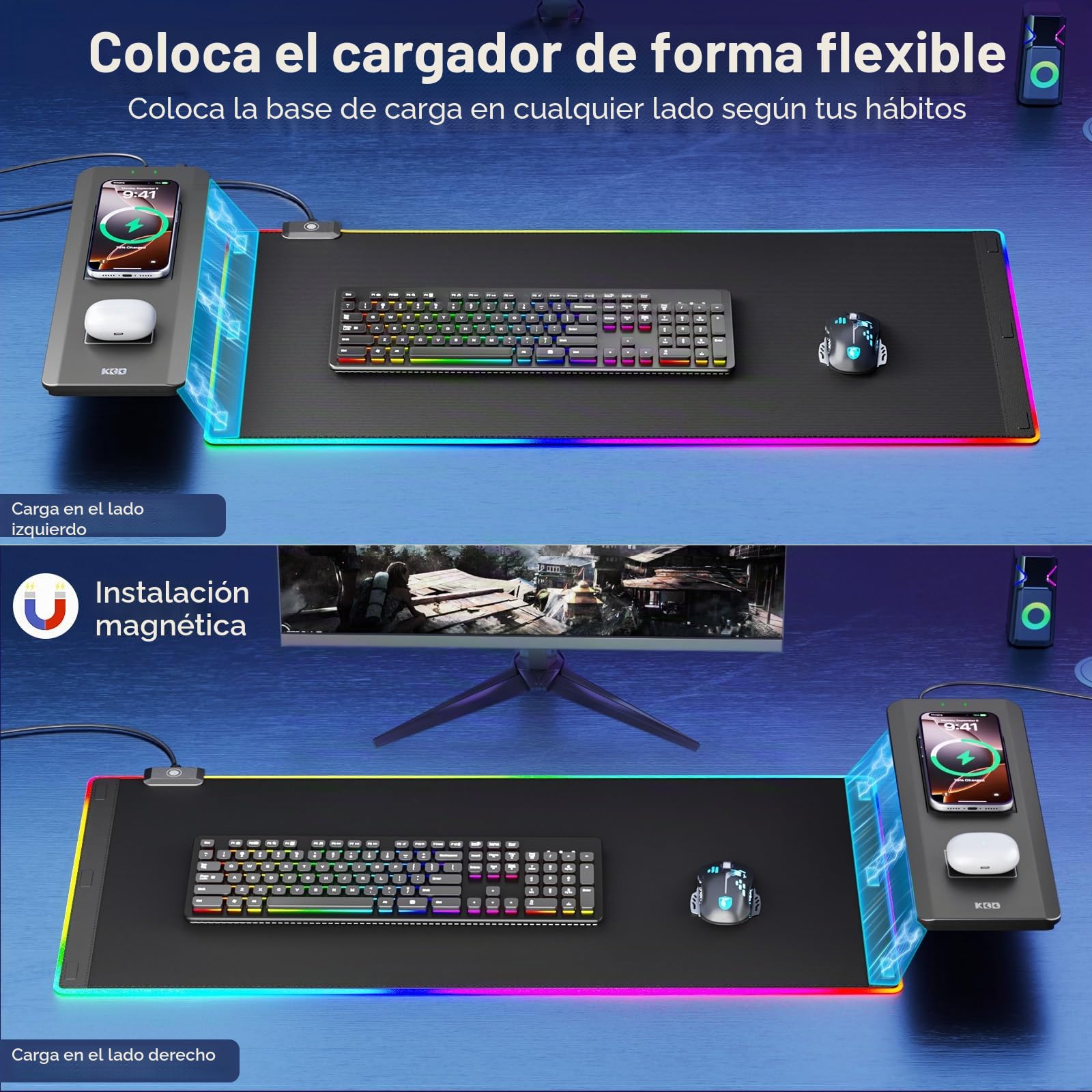 KDD LED Alfombrilla Ratón Gaming con 15W Carga Inalámbrica, Tapete Escritorio con Soporte Móvil Plegable, Mouse Pad XXL Antideslizante para Juegos Accesorios Gaming PC Auriculares Reloj (70x33cm)
