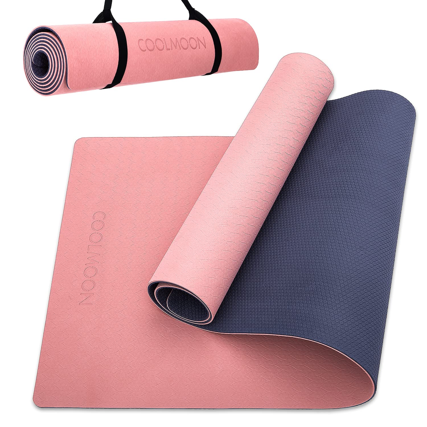 COOLMOON 1/4 Inch Extra Thick Yoga Mat Double-Sided Non Slip,Yoga Mat For Women and Men,Fitness Mats With Carrying Strap,Eco Friendly TPE Yoga Mat, Pilates And Exercises Mat (Pink)