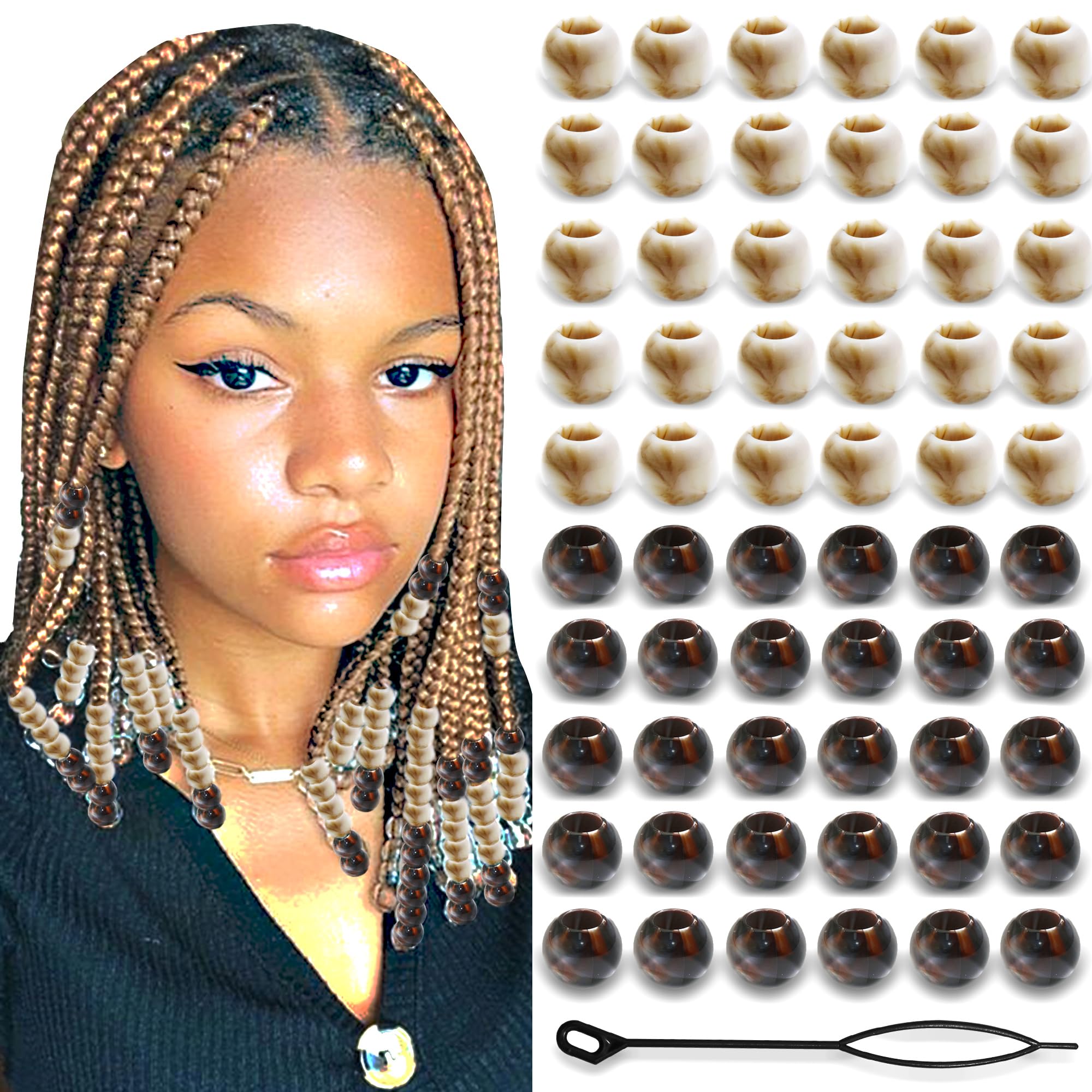 NAISKA 60PCS Brown&White Hair Beads for Braid 10x12mm Bead Hair Jewelry Locs Dreadlocks Accessories Making Hair Tube Decoration Hair Cuffs Kit for