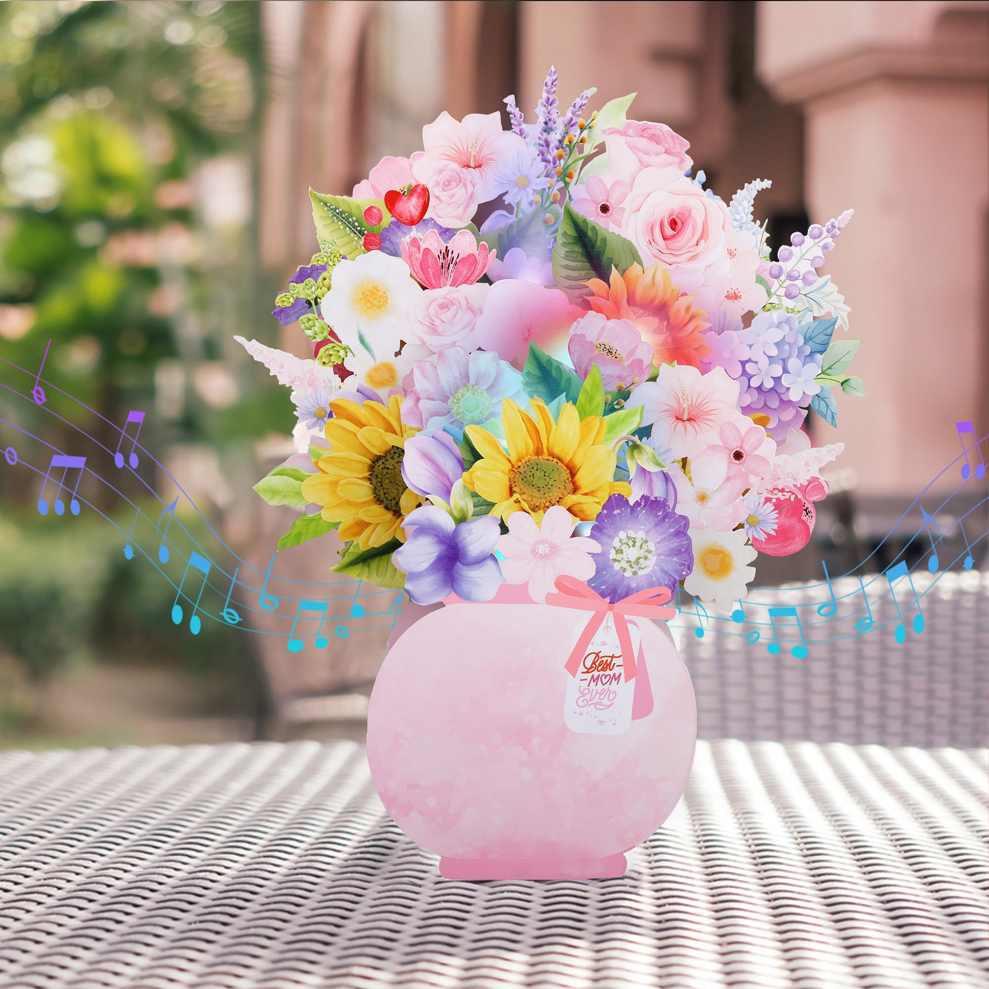 Tarjeta Emergente 3D Para El Día De La Madre, Ramo Flores Surtidas Con Luz Musical, Felicitación Floral Decorativa, Sobre Y Notas En , Perfecta Cumpleaños, Blanco