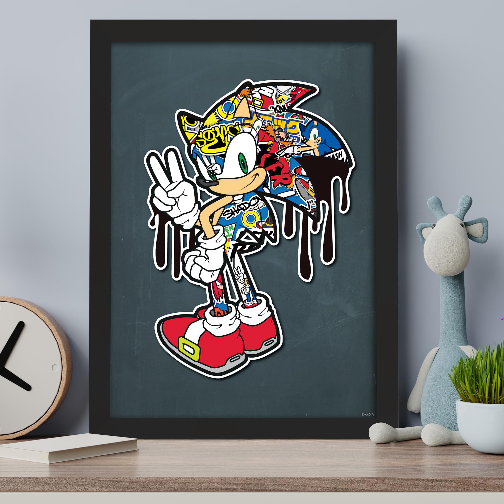 Sonic The Hedgehog Print - Sonic Peace Pose Dripping Graffiti Poster Wall Art (29.7cm x 42cm - A3)