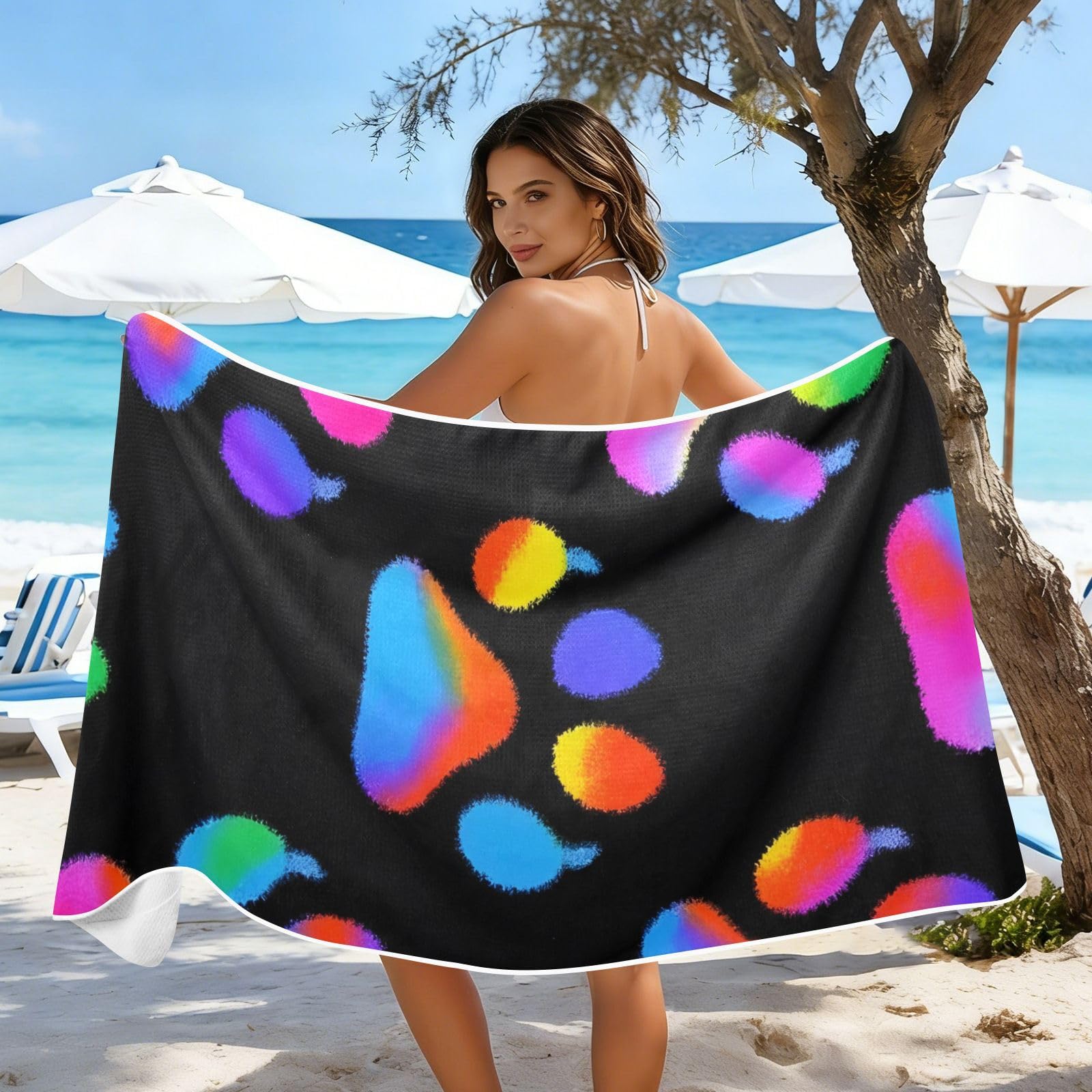Toallas de playa grandes con bolsas de malla para adultos, toalla de baño de pata de perro neón con cierre magnético, toalla absorbente de secado rápido para piscina, camping y viajes, 190 x 80