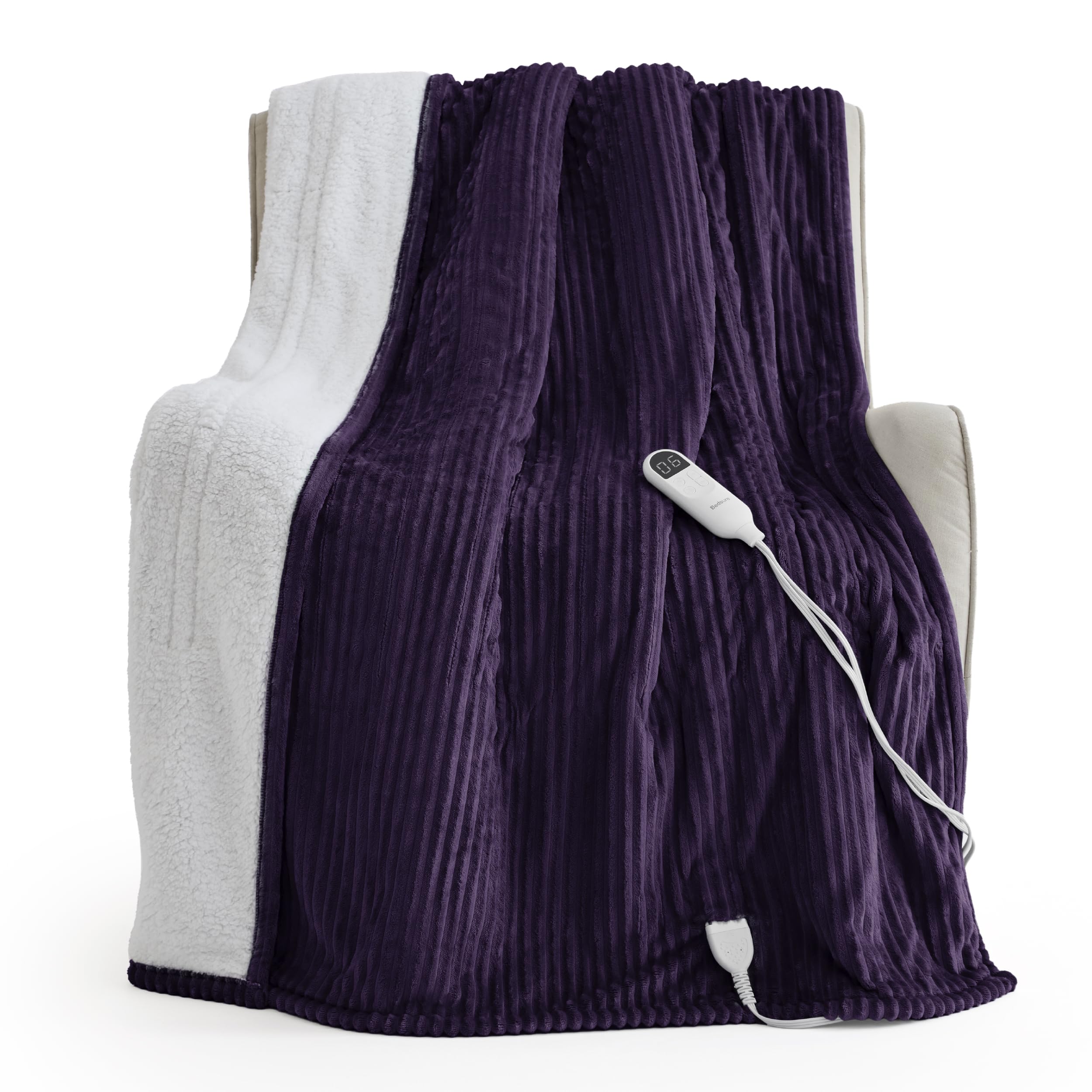 Bedsure Ribbed Heated Blanket Throw XL, Purple Electric Blanket, Preheat