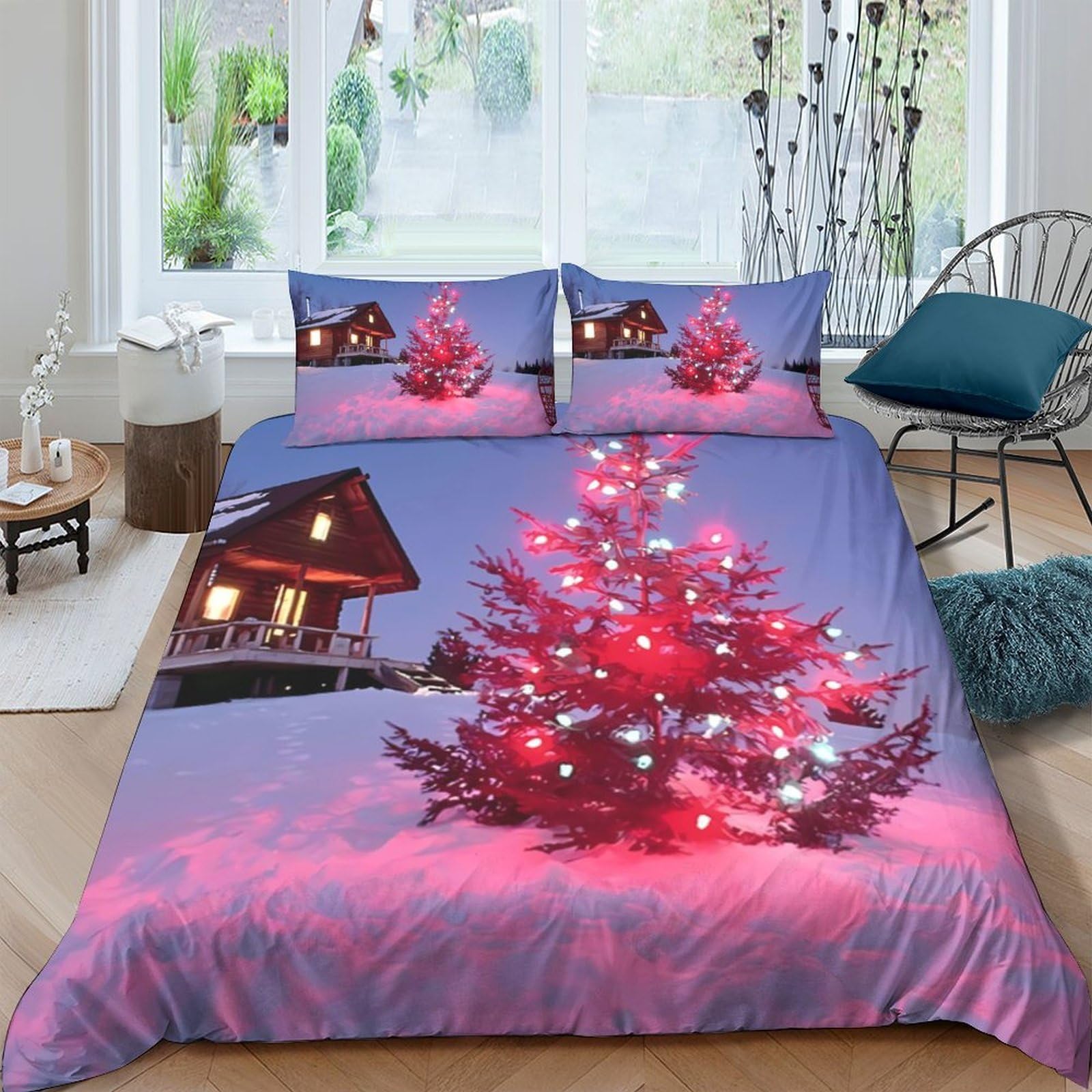 Ctjqhvkz Style-1 3D Printed Christmas Cabin Fitted Sheet Microfiber Red Xmas Tree Mattress Cover For Bedroom Guest Room Easy Care Single（135X200cm）