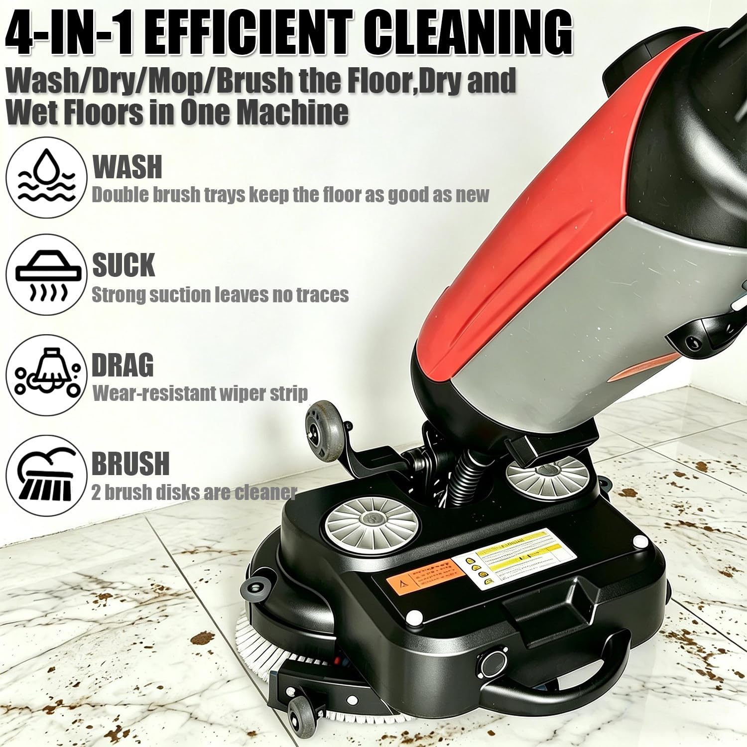 Bodenreinigungsmaschine, 360° Gewerbliche Scheuersaugmaschine, Doppelbürsten-Design, 45 cm Reinigungsbreite, Mit 4,5 L Klarwassertank Und 7,5 L Schmutzwassertank, 1200 M²/H Red