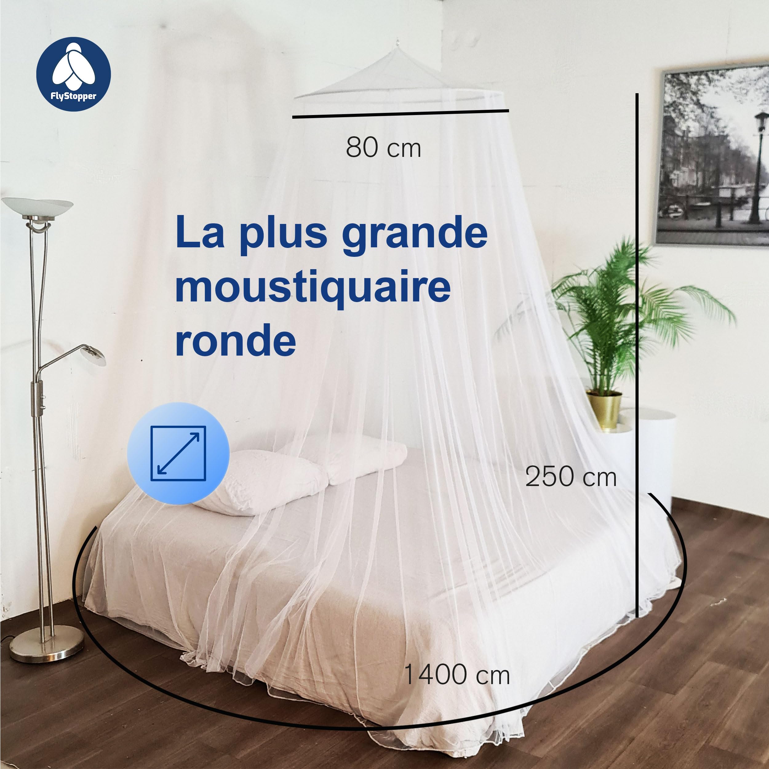 K1402 Moustiquaire pour lit double XXL avec cordon de suspension et sac de voyage - Anneau extra large 80 cm - 250 x 80 x 1400 cm