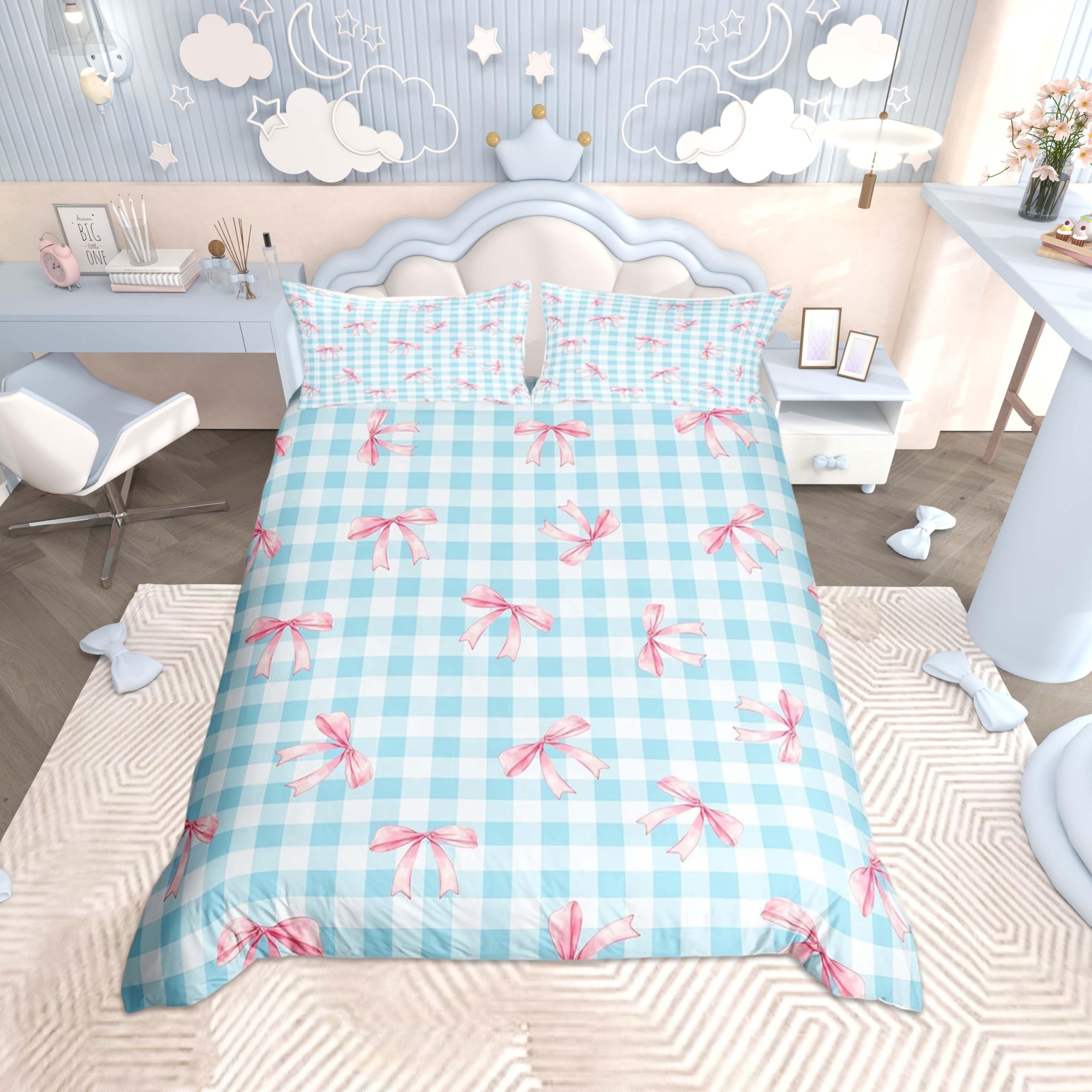 Homemissing Cute Bowknot Duvet Cover Set Single Size Pink Bow Bedding Set for Boys Girls Blue White Checked Plaid Duvet Cover Plaid Bow Bedroom Decor 2Pcs