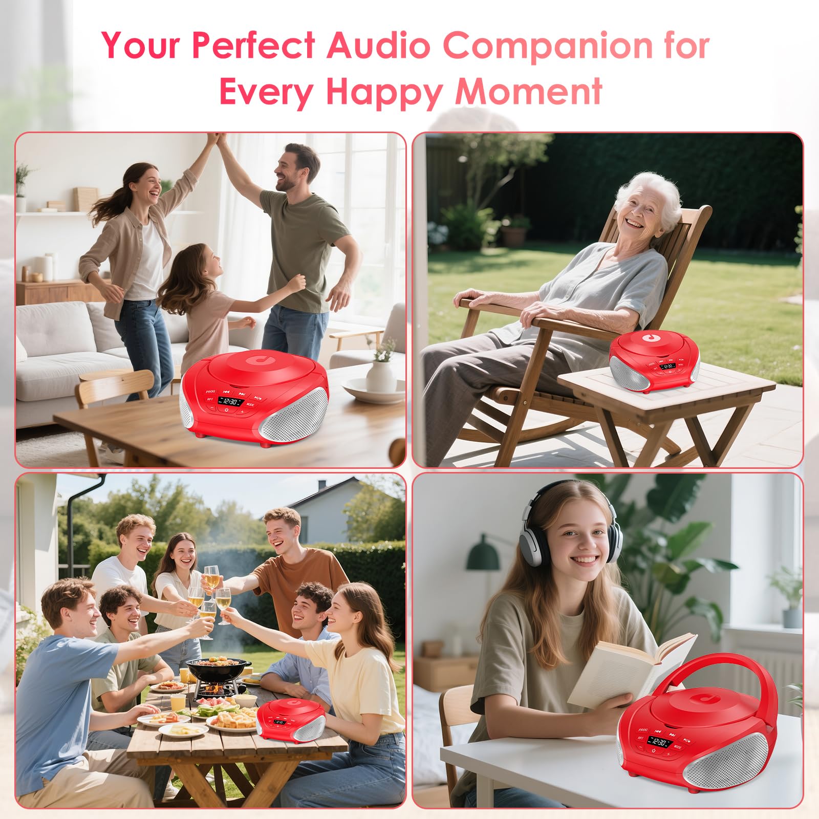 Gueray Tragbarer CD-Player Boombox Kompakt-Radio mit Stereo-Lautsprechern UKW-Radio 3,5-mm-AUX-Eingang, Kopfhöreranschluss und LCD-Display für Innenräume Outdoor Reisen & Hörbücher (Rot)