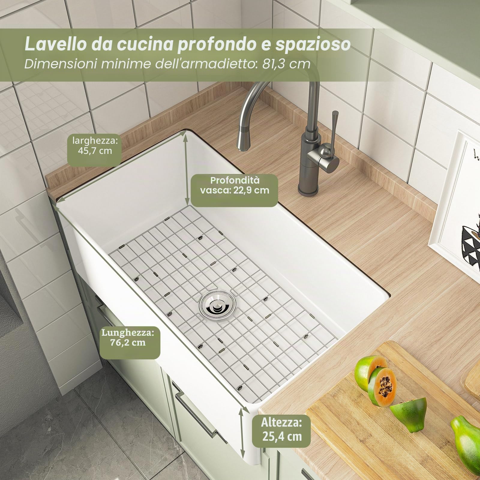 HOROW HRSW - Lavello da cucina a vasca singola da 76,2 cm, con griglia inferiore e colino, grande lavabo in ceramica con grembiule, 45,7 x 76,2 x 25,4 cm, bianco