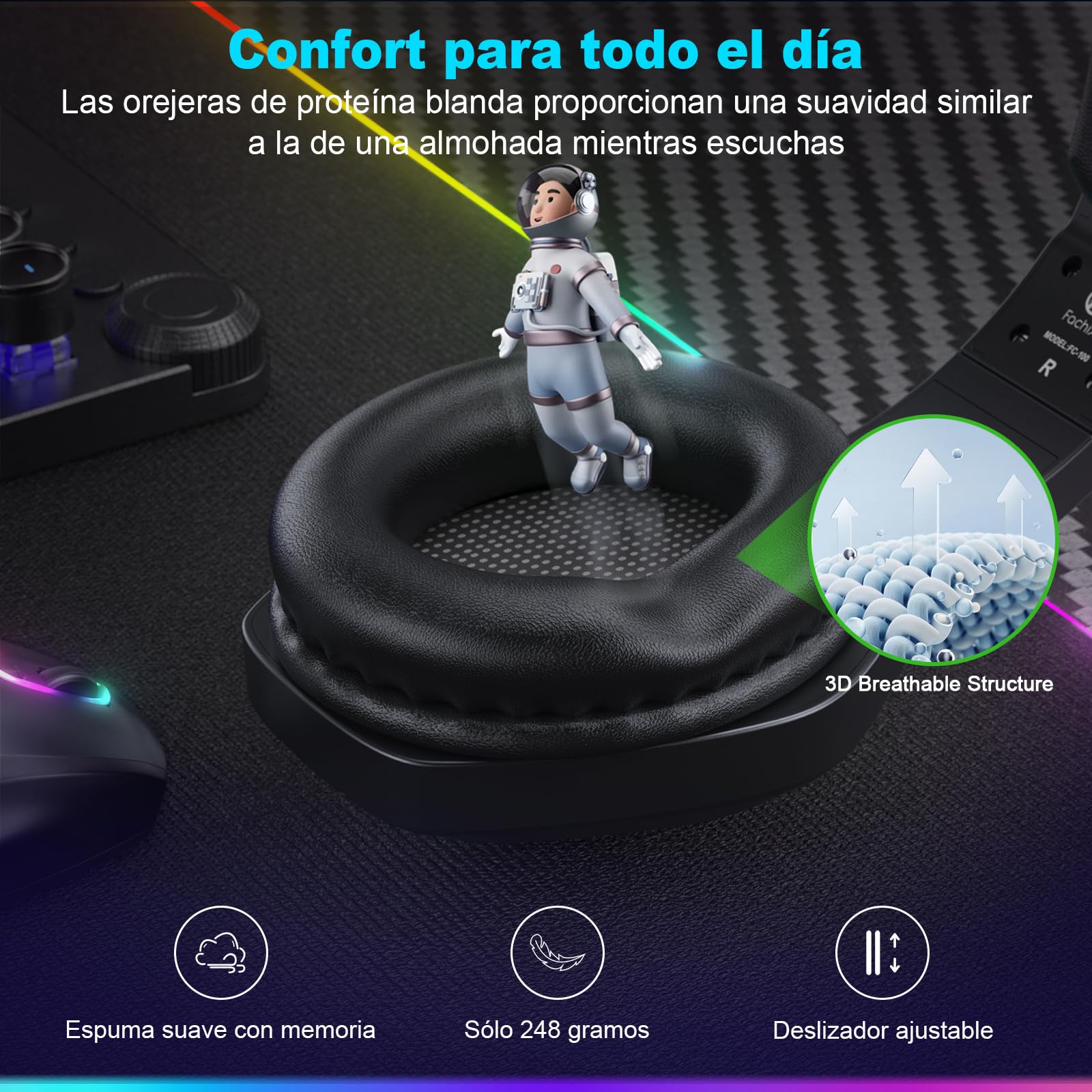 Fachixy「2025 Nuevo」FC100 Cascos Gaming Inalámbricos para PC, PS5, PS4, Auriculares Gaming Inalámbricos de 2,4GHz Wireless+Bluetooth - Baja Latencia, Duración 40Hr+, Luces RGB (Negro)