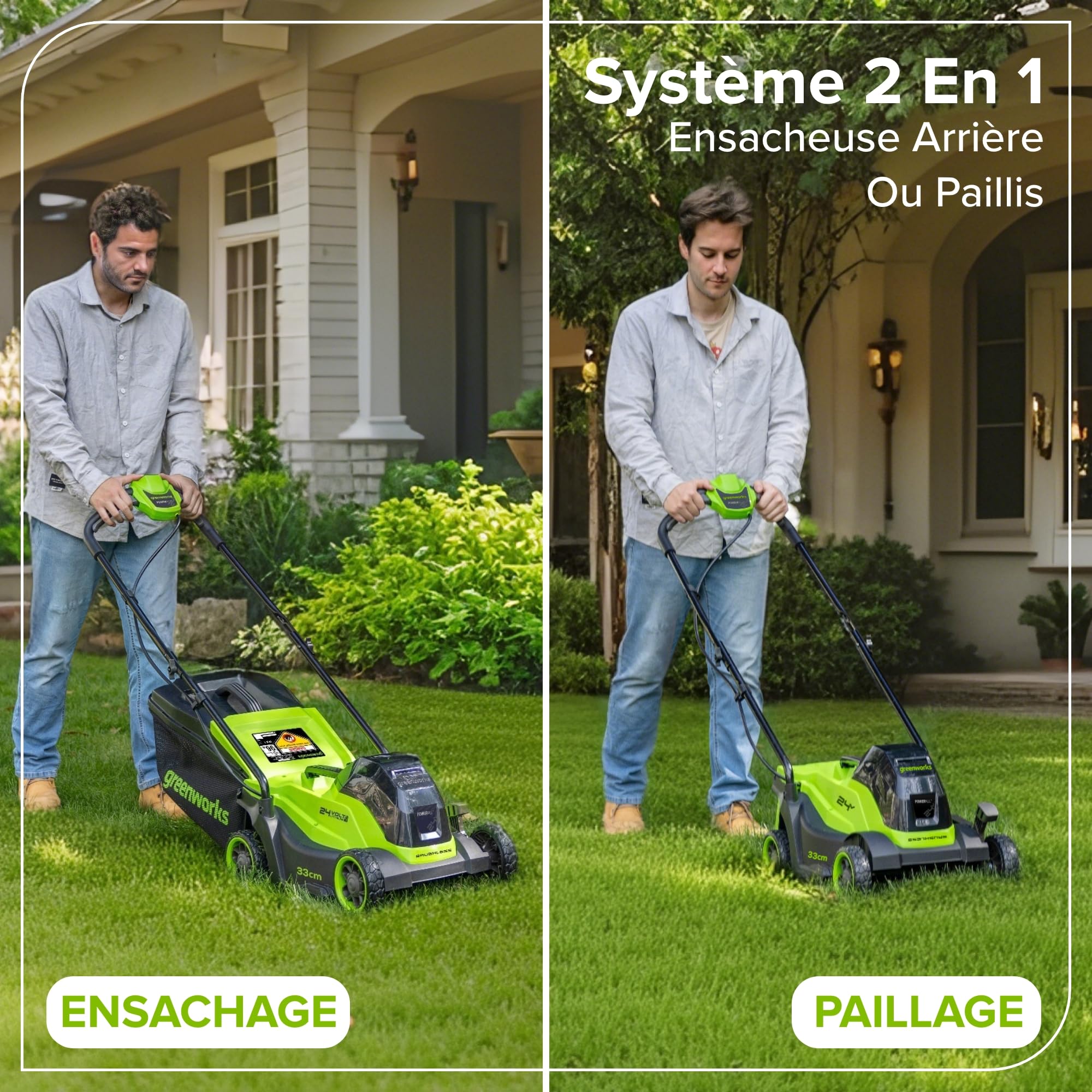 Greenworks 24V Tondeuse Gazon sans Fil avec Moteur sans Brosse, Largeur de Coupe 33 cm, Sac de 30L,Tondeuse Electrique Gazon Inclus Batterie 24V 4Ah et Chargeur, Garantie 3 Ans-MO24L411-01