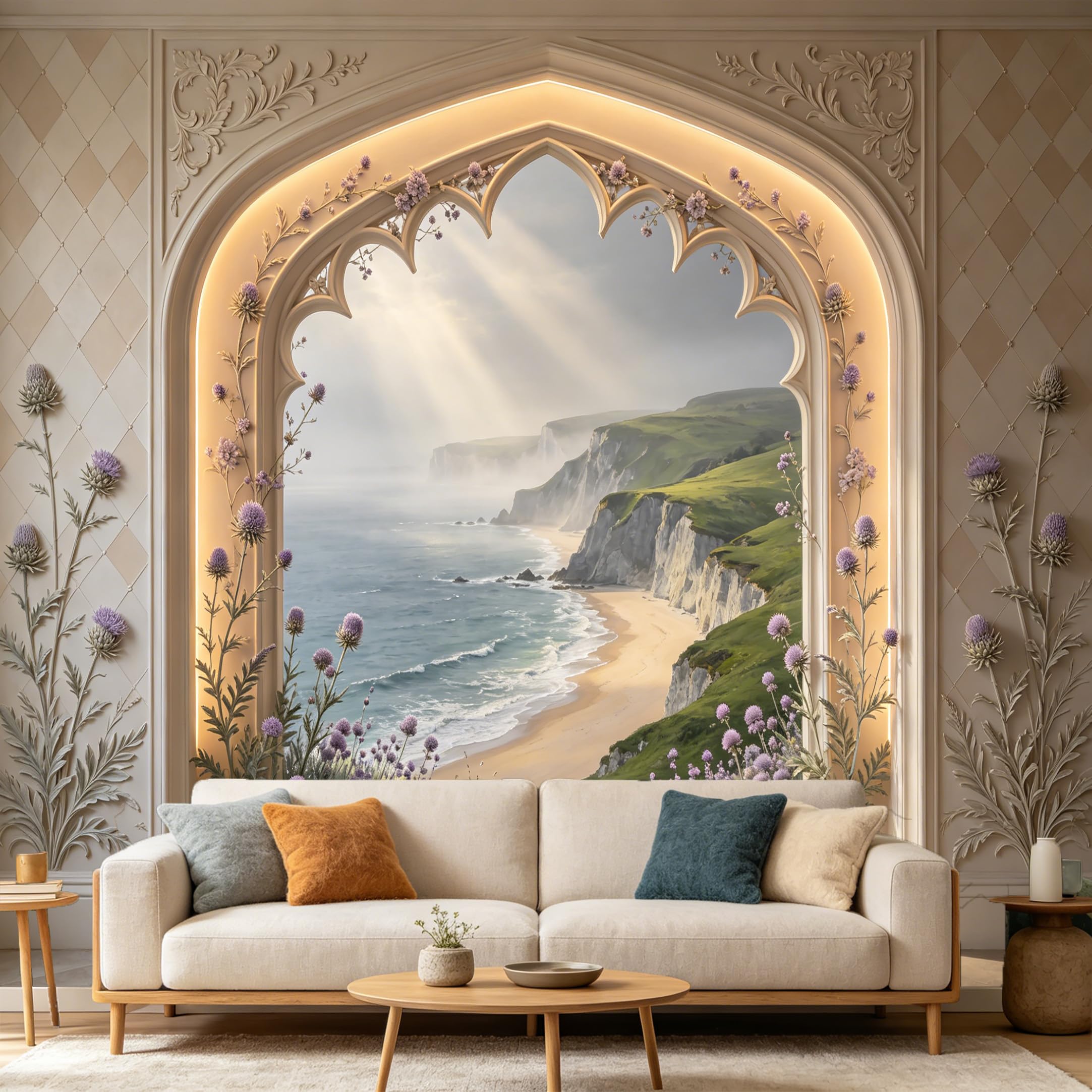 Custom Size Wall Mural， Coastal Ocean Cliff Landscape Botanical Floral Archway 3D Window View， SelfAdhesive Art Prints wall Fabric Removable Large Wallpaper Home Living Room Decor