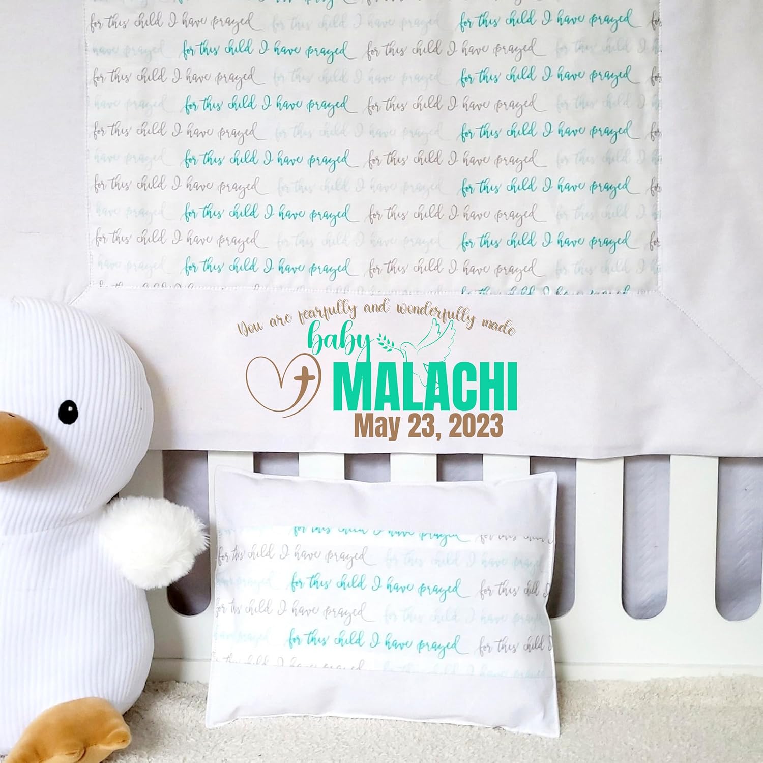 Custom Baby Name and Birth Date Christian Baptism Quilt Blanket Pillow Giftset,Newborn Babies Cotton Personalized Baptism Christenning Receiving Blanket Throwpillow Gift, Godchild Baby Shower Quilt