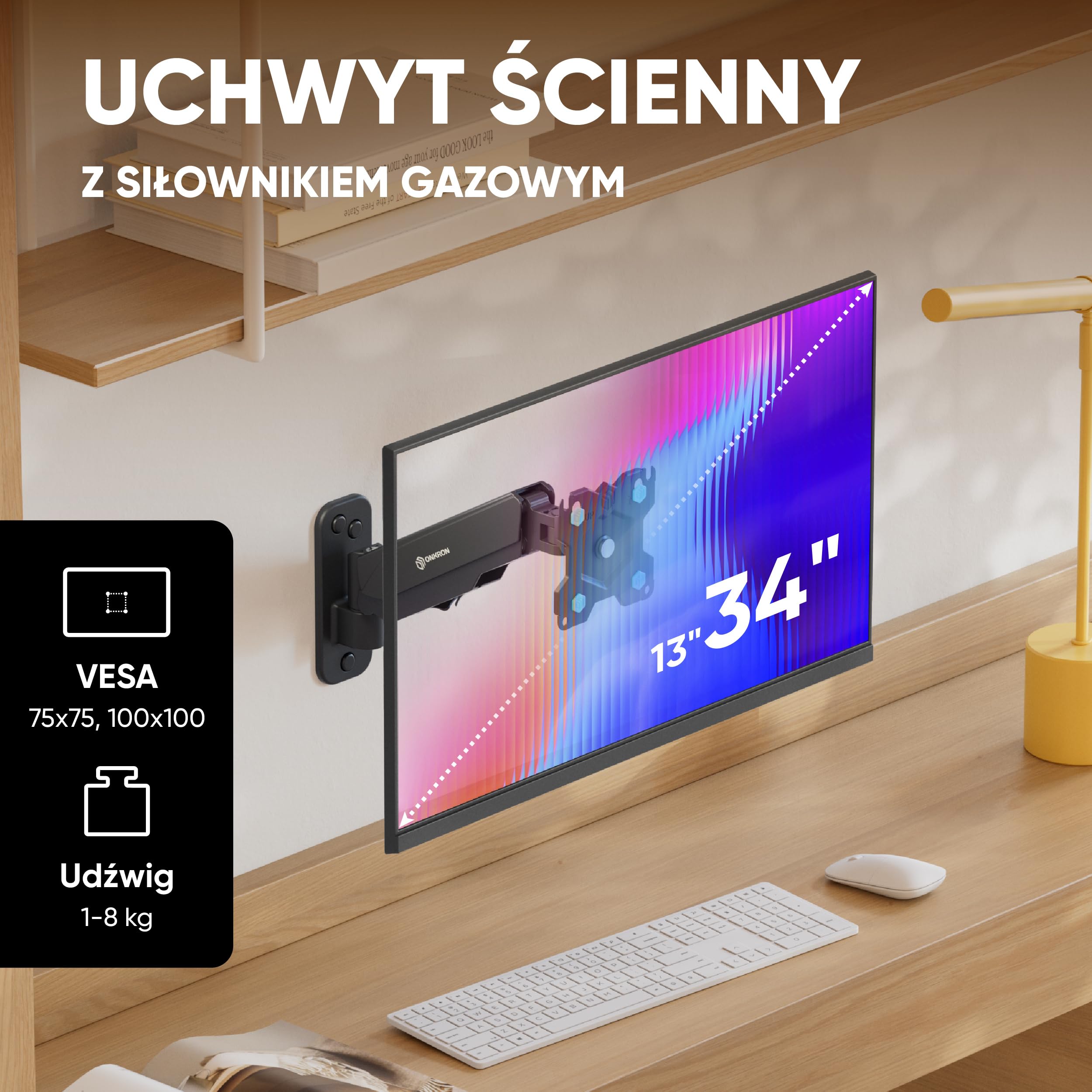 ONKRON Uchwyt Ścienny do Monitora 13"-34", Maks. Nośność 8 kg, Ramię Gazowe z Regulacją Wysokości, VESA 75x75-100x100, Obrót 360°, Pełna Regulacja Monitora, Kanał na Kable, Czarny G120-B