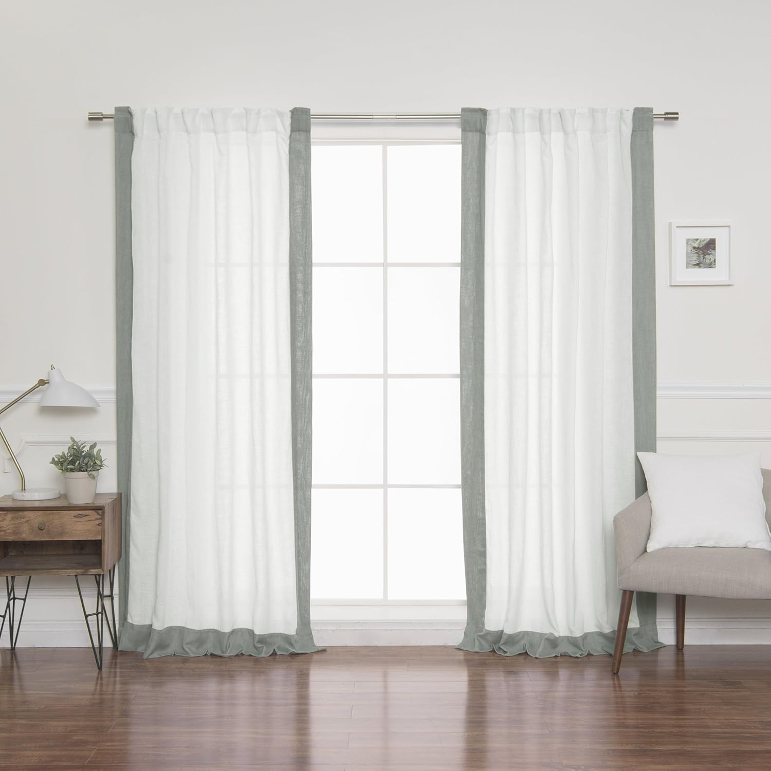 Best Home Fashion Linen Blend Border Curtains - Back tab - White/Spruce - 52" W x 84" L - (Set of 2 Panels)