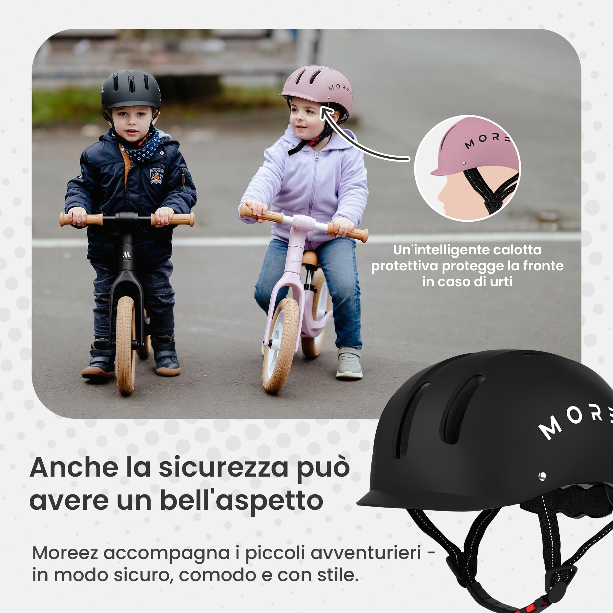 MOREEZ Casco per bambini a partire da 1 anno (1 – 7 anni), robusto e comodo, casco da bicicletta in ABS, misura regolabile XS (46 – 50 cm) & S (51 – 54 cm), unisex, ventilato