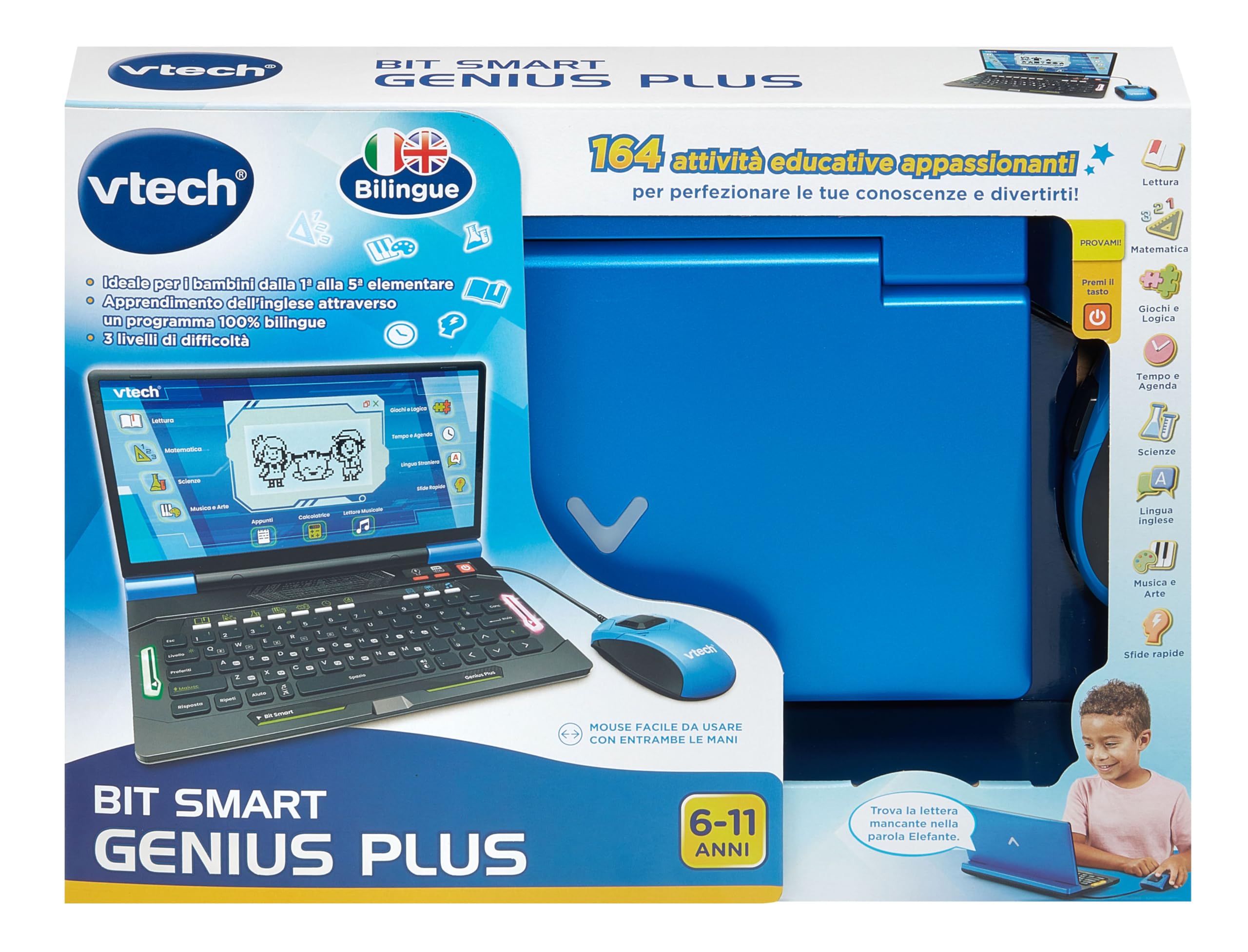 VTech Bit Smart Genius Plus Schwarz, interaktiver Computer für Kinder, Computer mit Maus, 164 Aktivitäten, zweisprachiger Lehrcomputer Italienisch und Englisch, QWERTY-Tastatur, Batterien im
