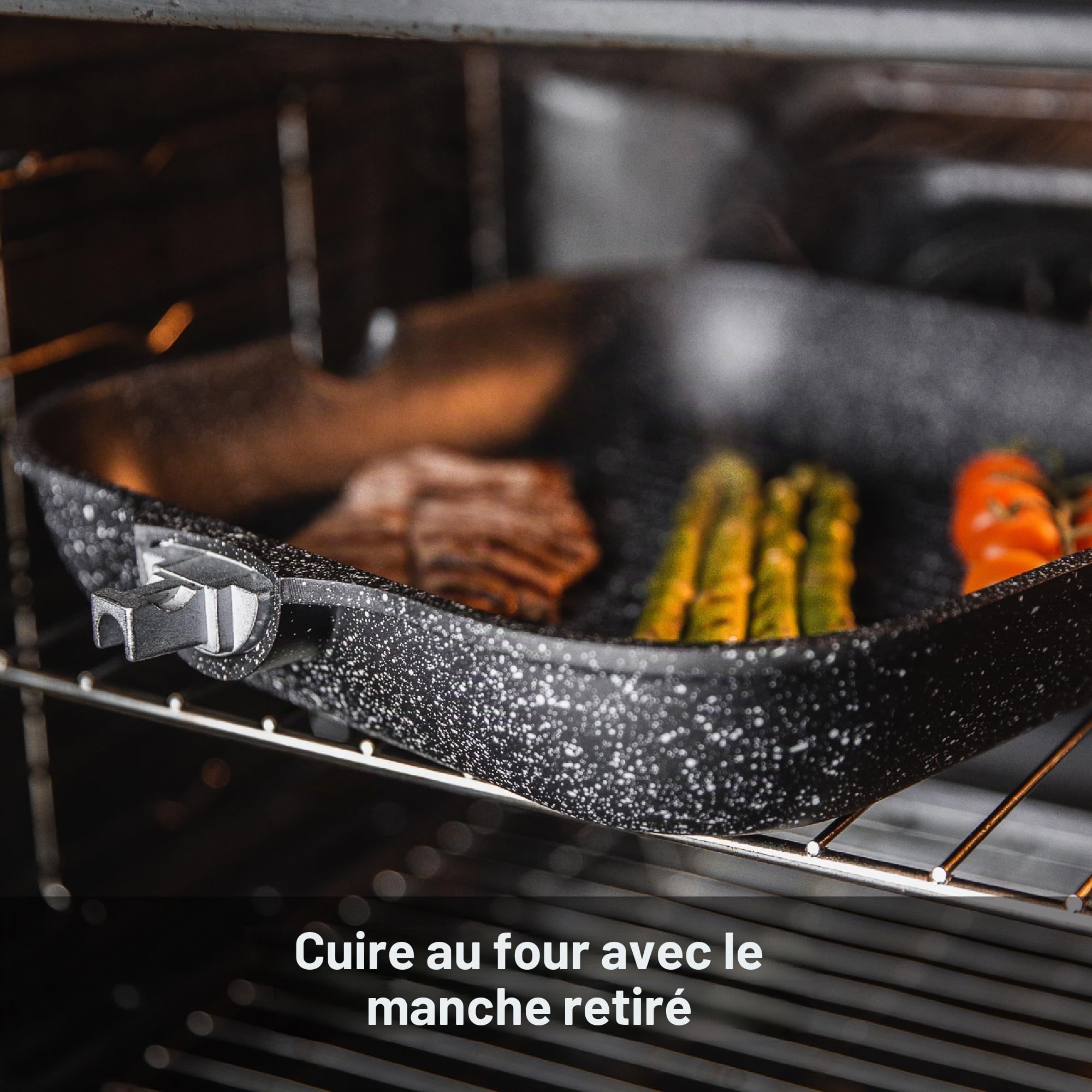 Poêle grill 29 cm, manche amovible, compatible induction, électricité et gaz, revêtement antiadhésif Whitford, pouvant aller au four