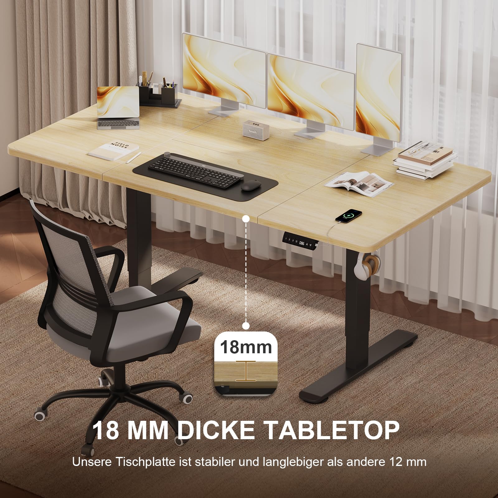 Jummico Höhenverstellbarer Schreibtisch 180×80 cm mit Kabelwanne & USB-A – Bild 8